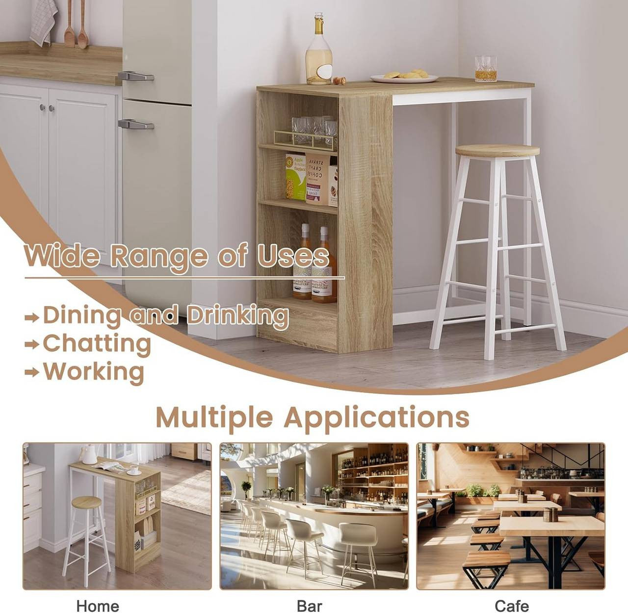 24goodz Bartafel with 3 Shelves - Perfect for Home Entertaining - E1 Wood-based Material + Metal - Light Oak + White