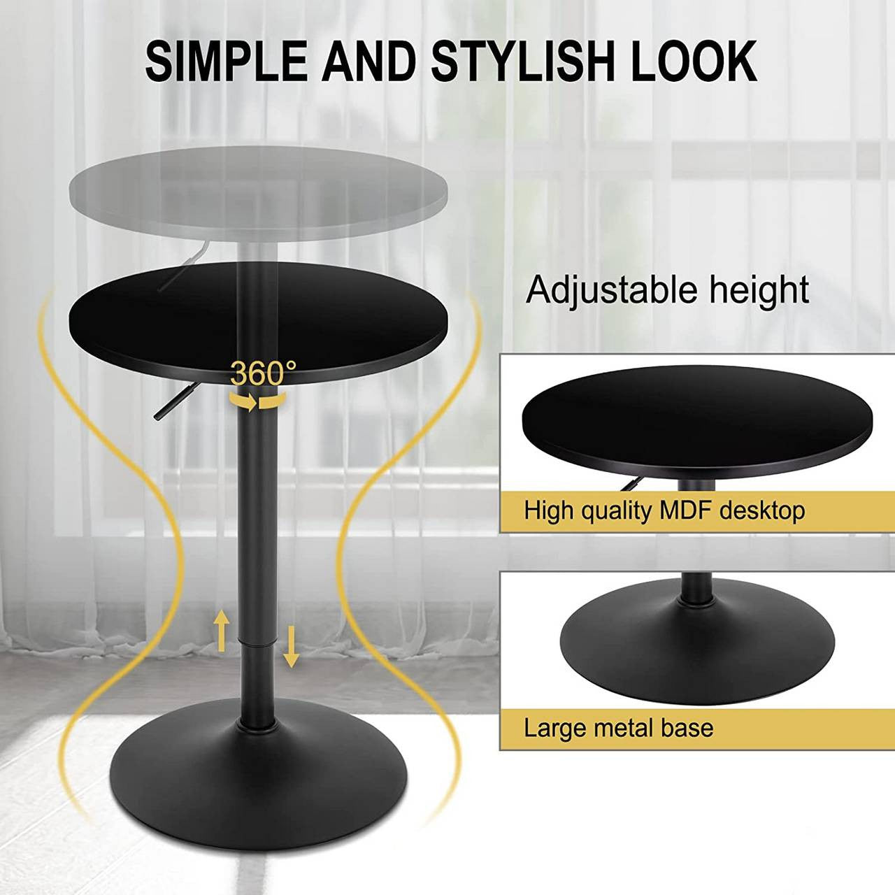 24goodz Round Bar Table - Height Adjustable - Durable MDF and Metal - Black - 52 cm Diameter - sz