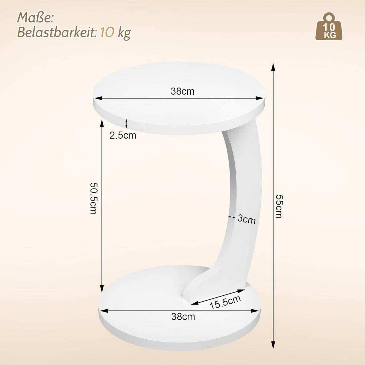 24goodz C-Shaped Side Table - Space-Saving Design - Sturdy MDF - For Living Room or Bedroom - Light Oak/White - φ38xH55 cm