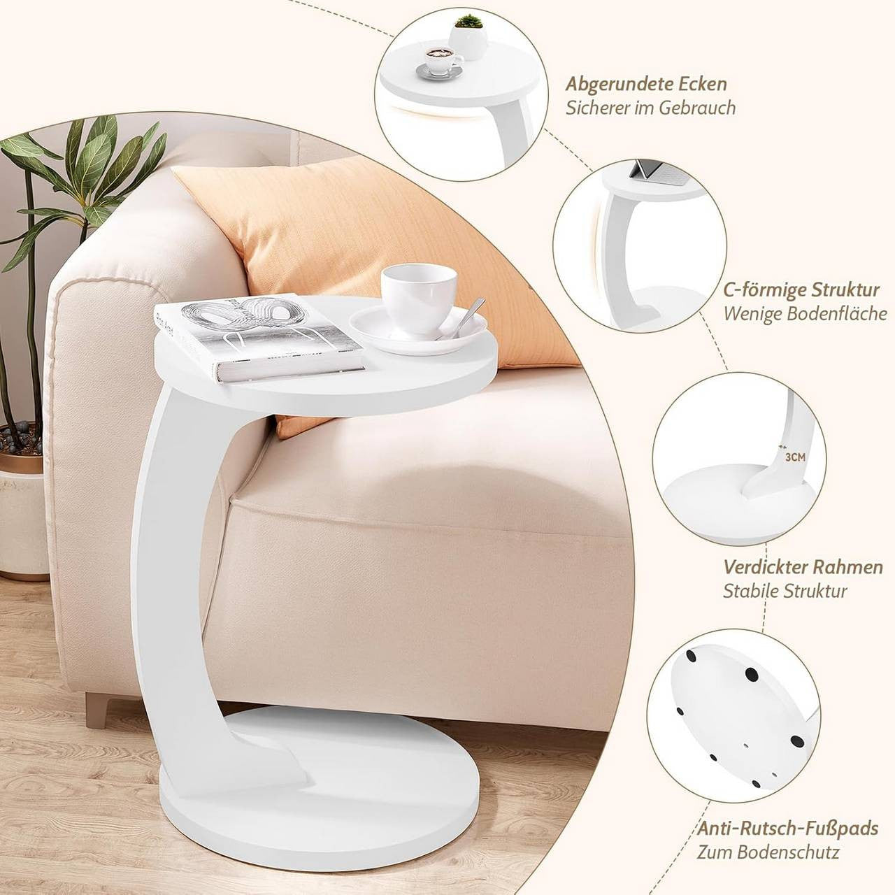 24goodz C-Shaped Side Table - Space-Saving Design - Sturdy MDF - For Living Room or Bedroom - Light Oak/White - φ38xH55 cm