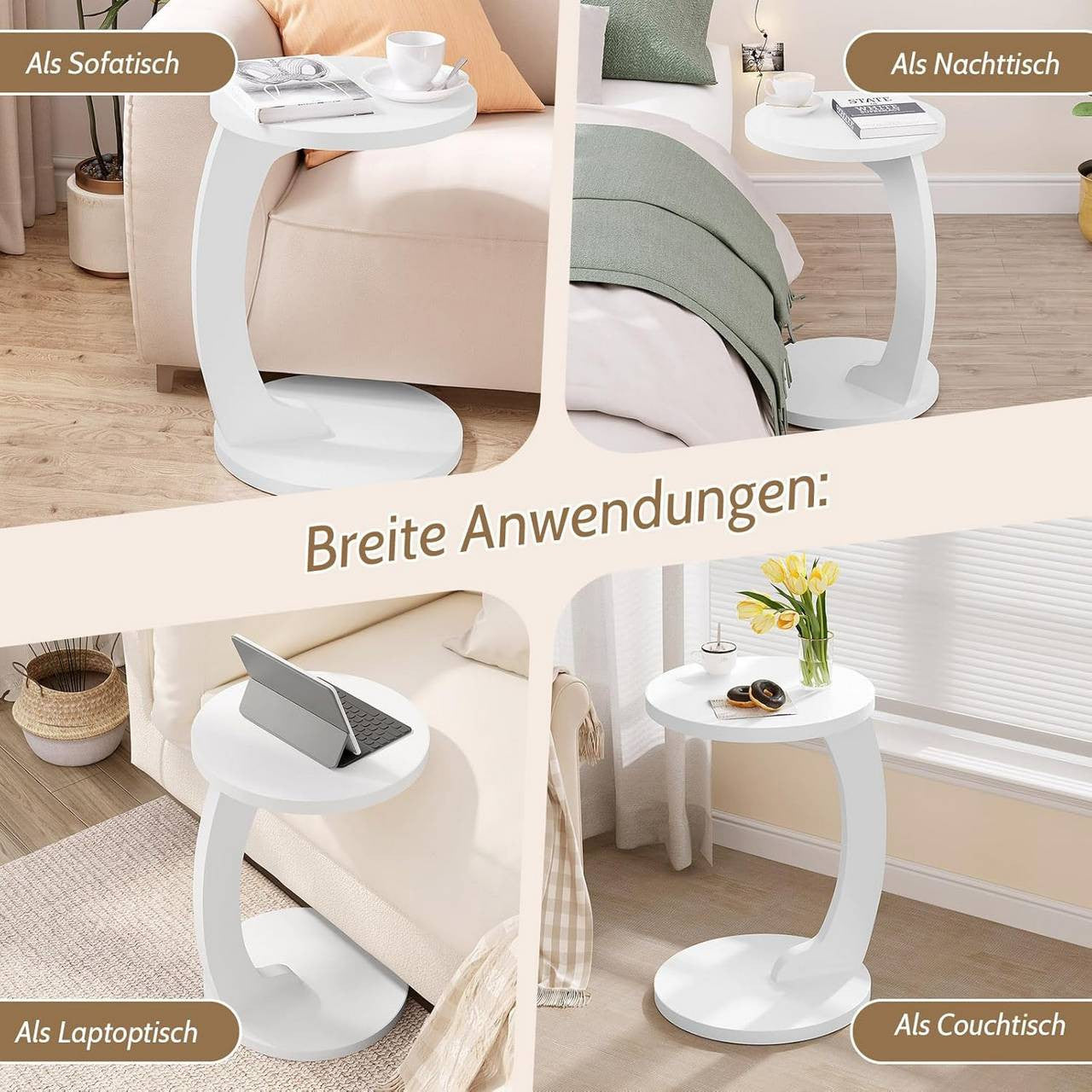 24goodz C-Shaped Side Table - Space-Saving Design - Sturdy MDF - For Living Room or Bedroom - Light Oak/White - φ38xH55 cm