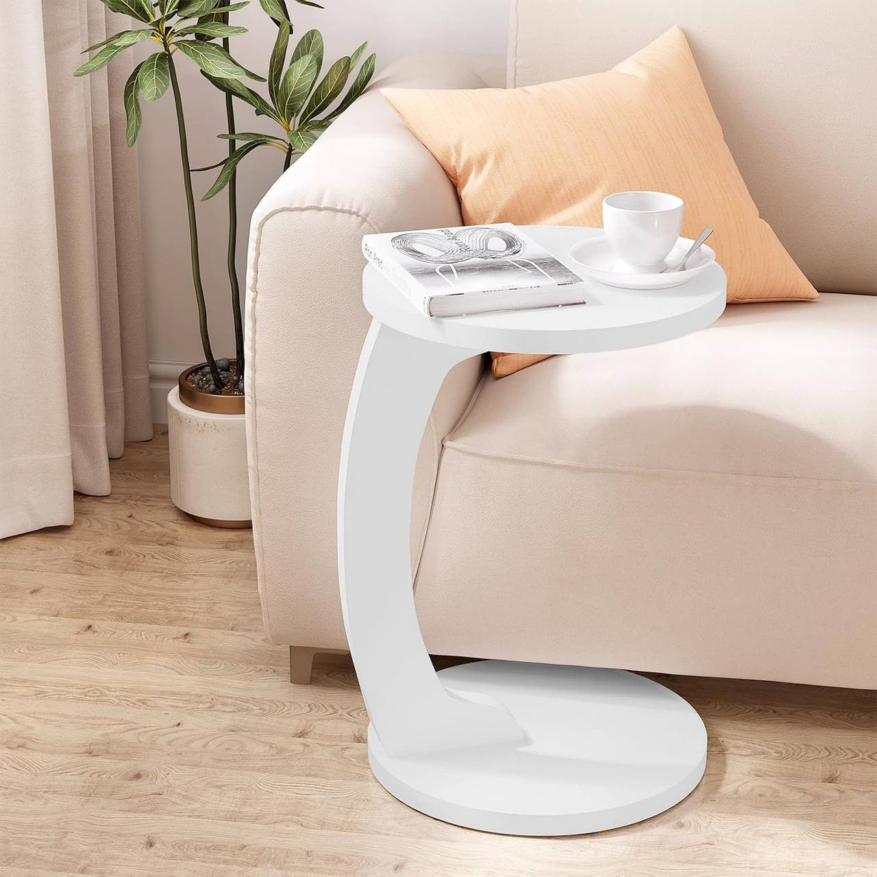 24goodz C-Shaped Side Table - Space-Saving Design - Sturdy MDF - For Living Room or Bedroom - Light Oak/White - φ38xH55 cm