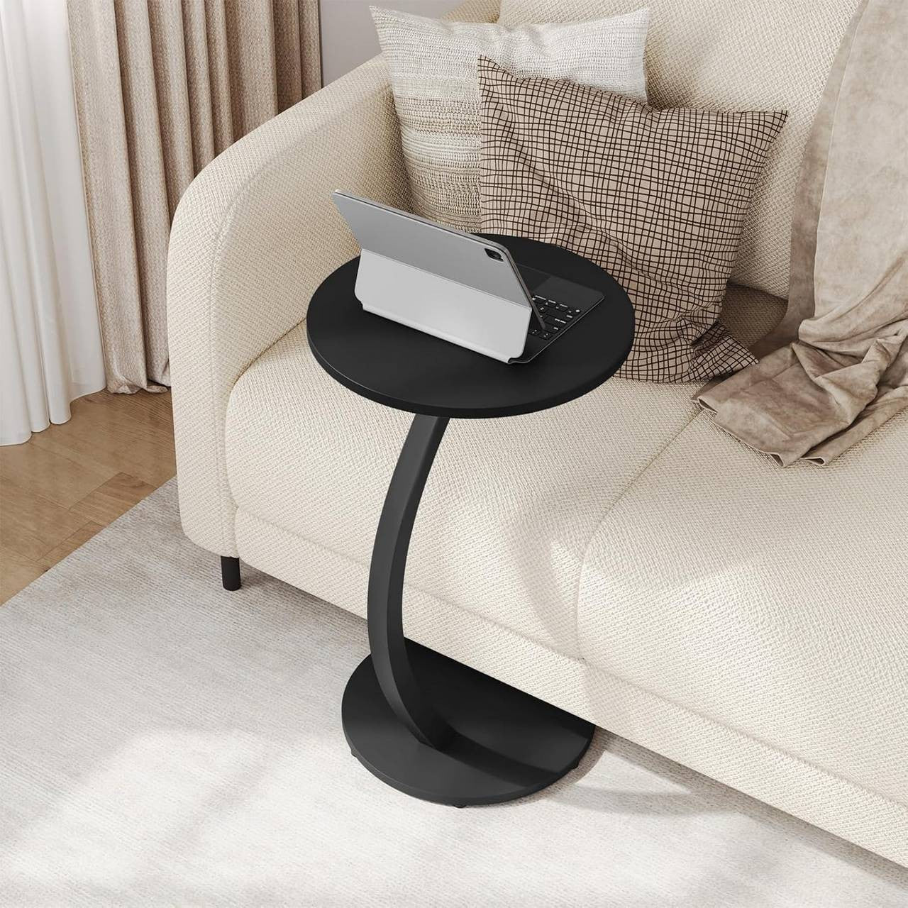 24goodz C-Shaped Side Table - Space-Saving Design - Durable Metal and MDF - For Living Room and Bedroom - Black/Vintage Wood Look - φ40xH65 cm