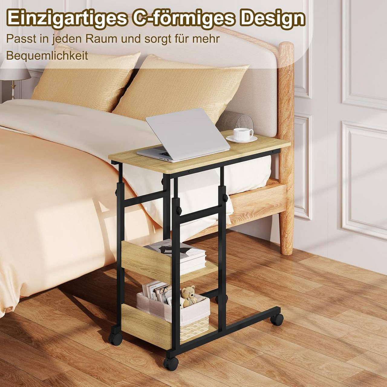 24goodz C-Shaped Side Table - Height Adjustable - Space-Saving Design - Wood and Metal - Black and Vintage Wood Look - 80 x (76-96) x 40 cm