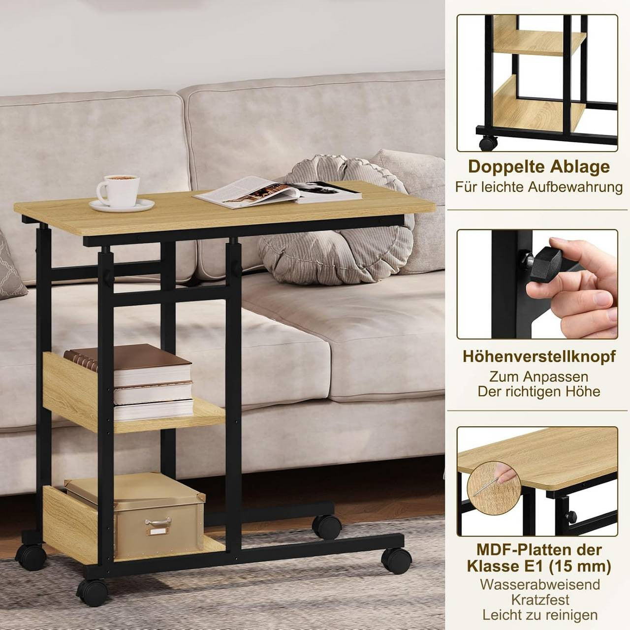 24goodz C-Shaped Side Table - Height Adjustable - Space-Saving Design - Wood and Metal - Black and Vintage Wood Look - 80 x (76-96) x 40 cm