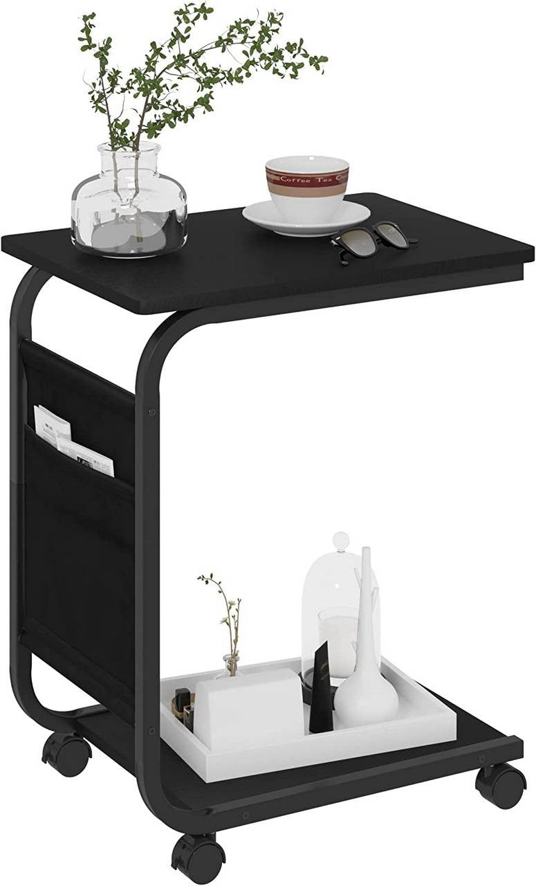 24goodz Side Table with 2 Shelves and Side Pocket - Compact and Versatile - E1 Wood and Metal - Black - 50x62x35 cm - sz