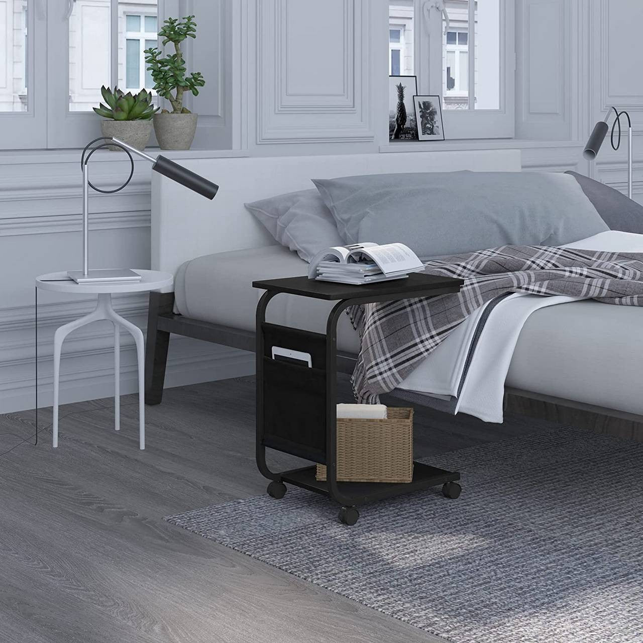24goodz Side Table with 2 Shelves and Side Pocket - Compact and Versatile - E1 Wood and Metal - Black - 50x62x35 cm - sz