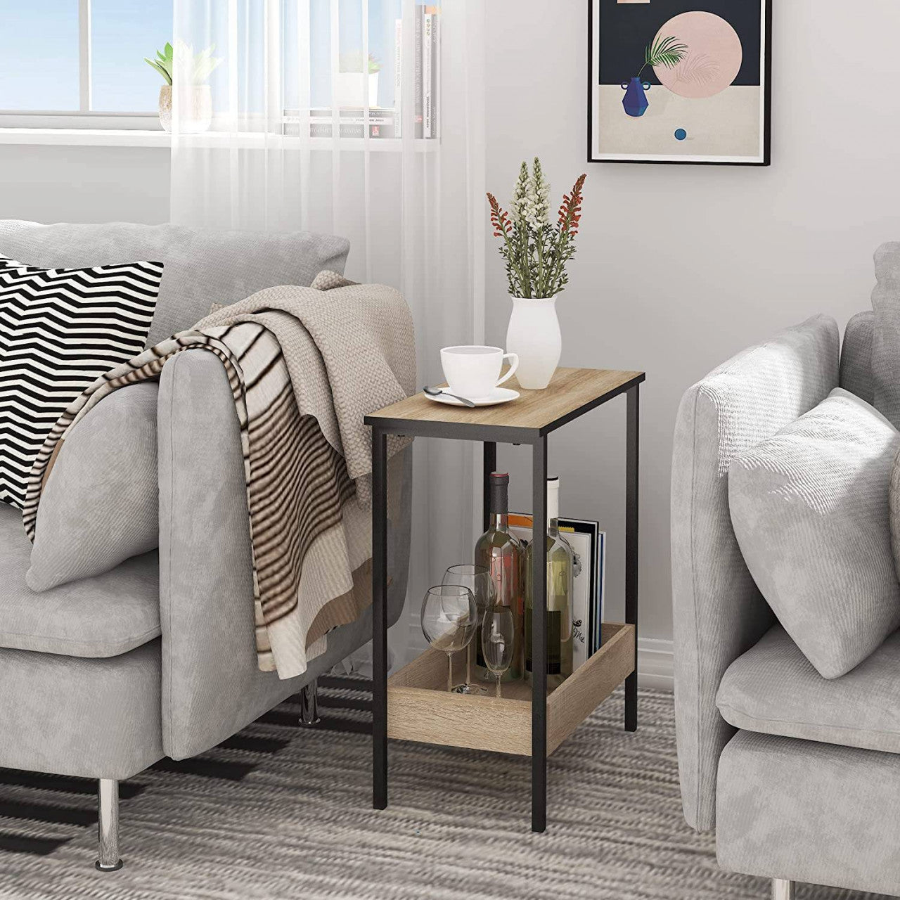 24goodz Side Table with 2 Shelves - Stylish and Versatile - E1 Wood and Metal - For Living Room or Bedroom - Light Oak + Black - hei