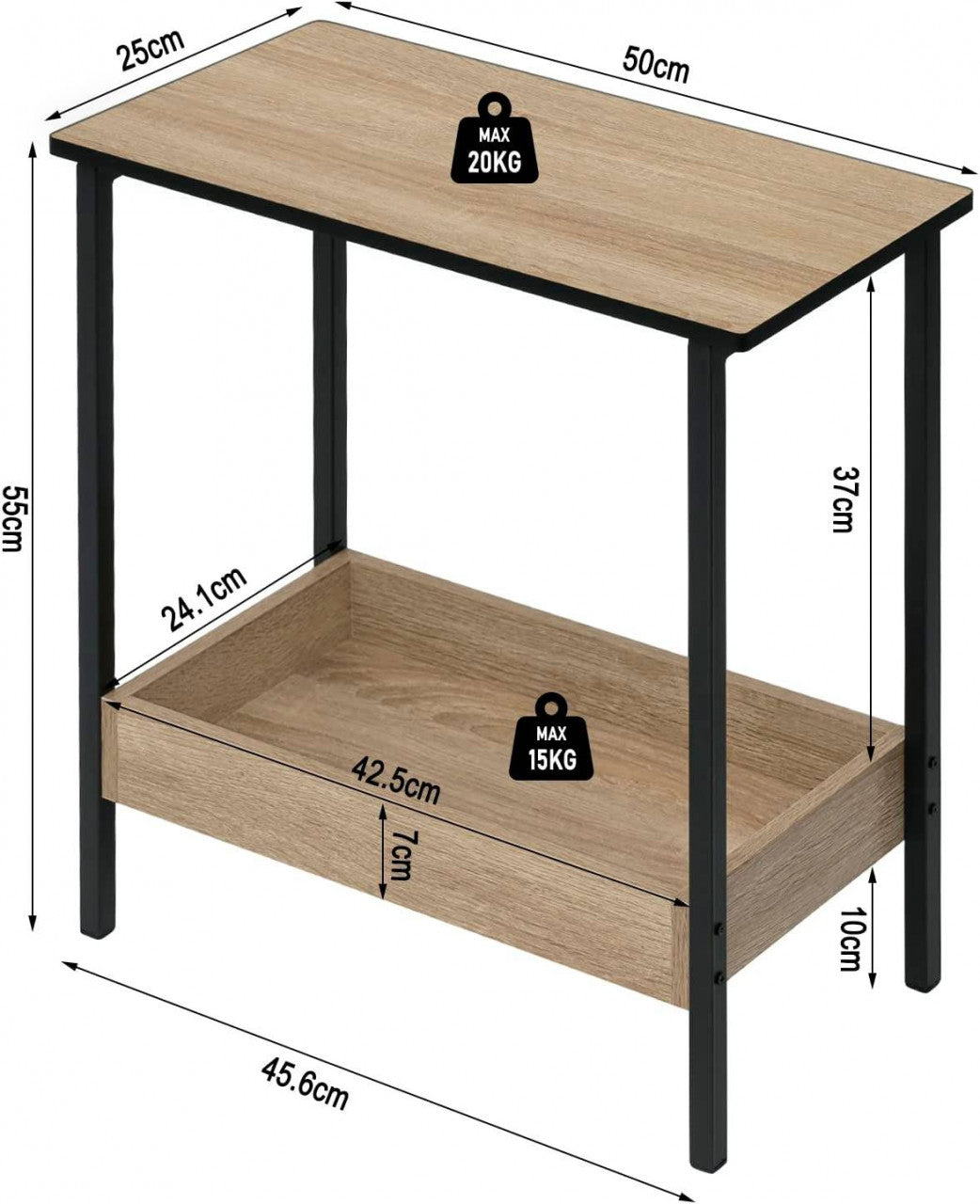 24goodz Side Table with 2 Shelves - Stylish and Versatile - E1 Wood and Metal - For Living Room or Bedroom - Light Oak + Black - hei