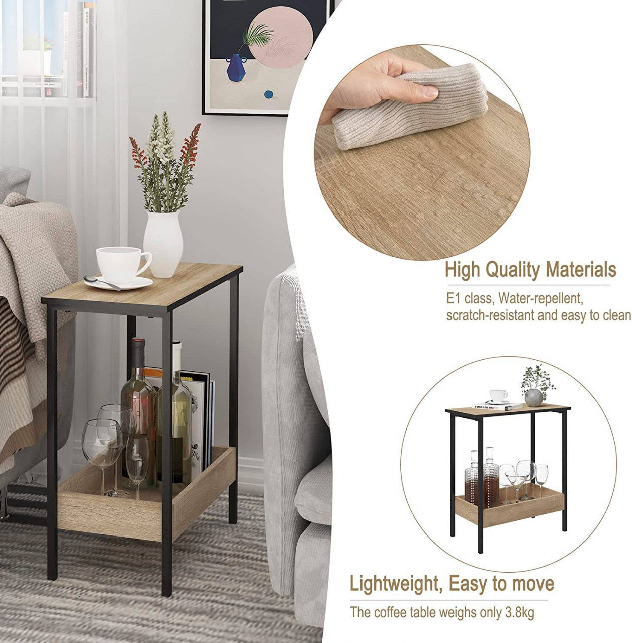 24goodz Side Table with 2 Shelves - Stylish and Versatile - E1 Wood and Metal - For Living Room or Bedroom - Light Oak + Black - hei