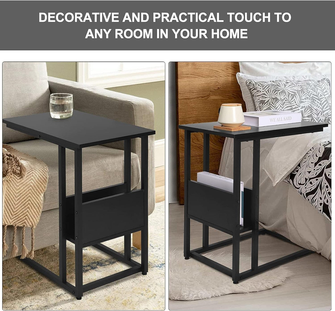 24goodz Side Table - Sturdy and Durable - E1-Class Wood and Metal - For Living Room or Bedroom - Black - sz