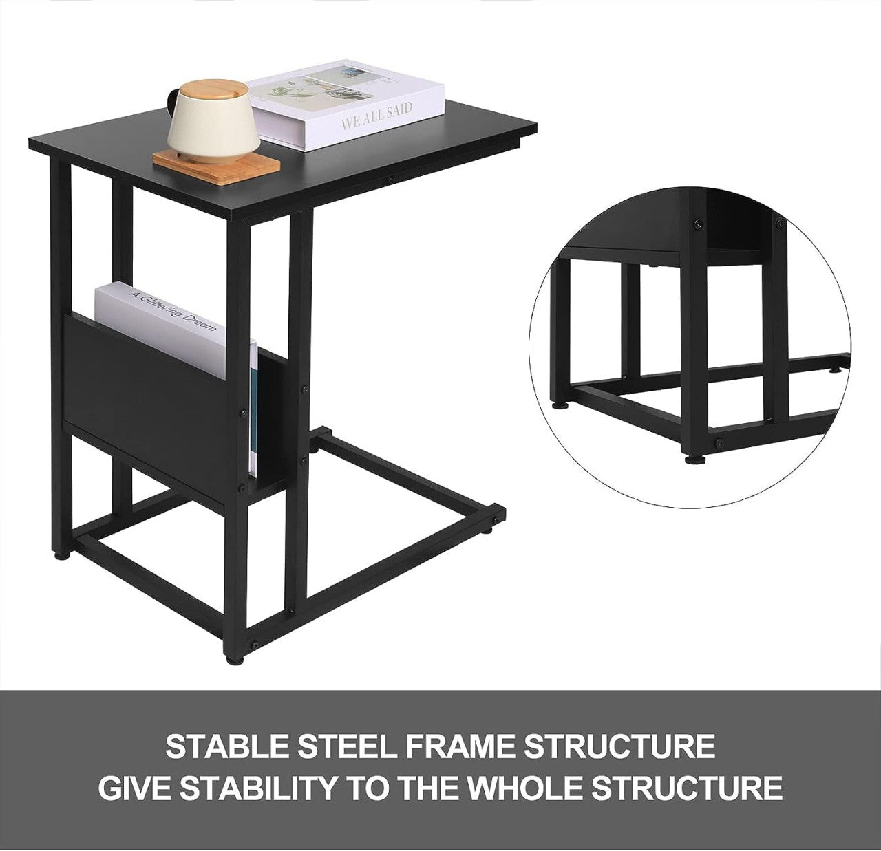 24goodz Side Table - Sturdy and Durable - E1-Class Wood and Metal - For Living Room or Bedroom - Black - sz