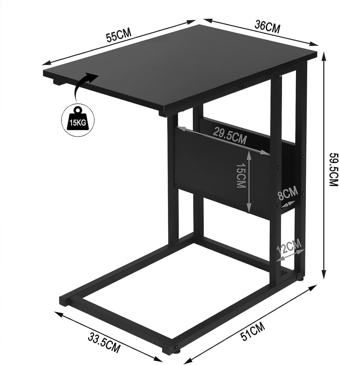 24goodz Side Table - Sturdy and Durable - E1-Class Wood and Metal - For Living Room or Bedroom - Black - sz