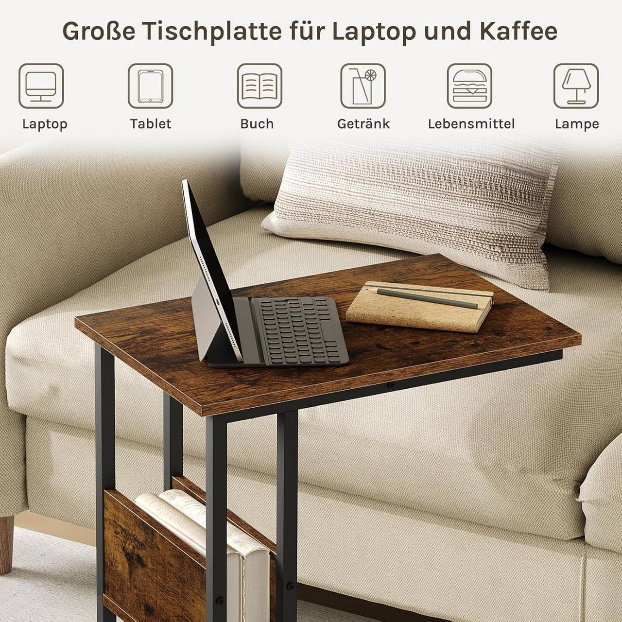 24goodz Side Table - Sturdy and Durable Design - E1-Class Wood and Metal - For Living Room or Bedroom - Rustic Brown