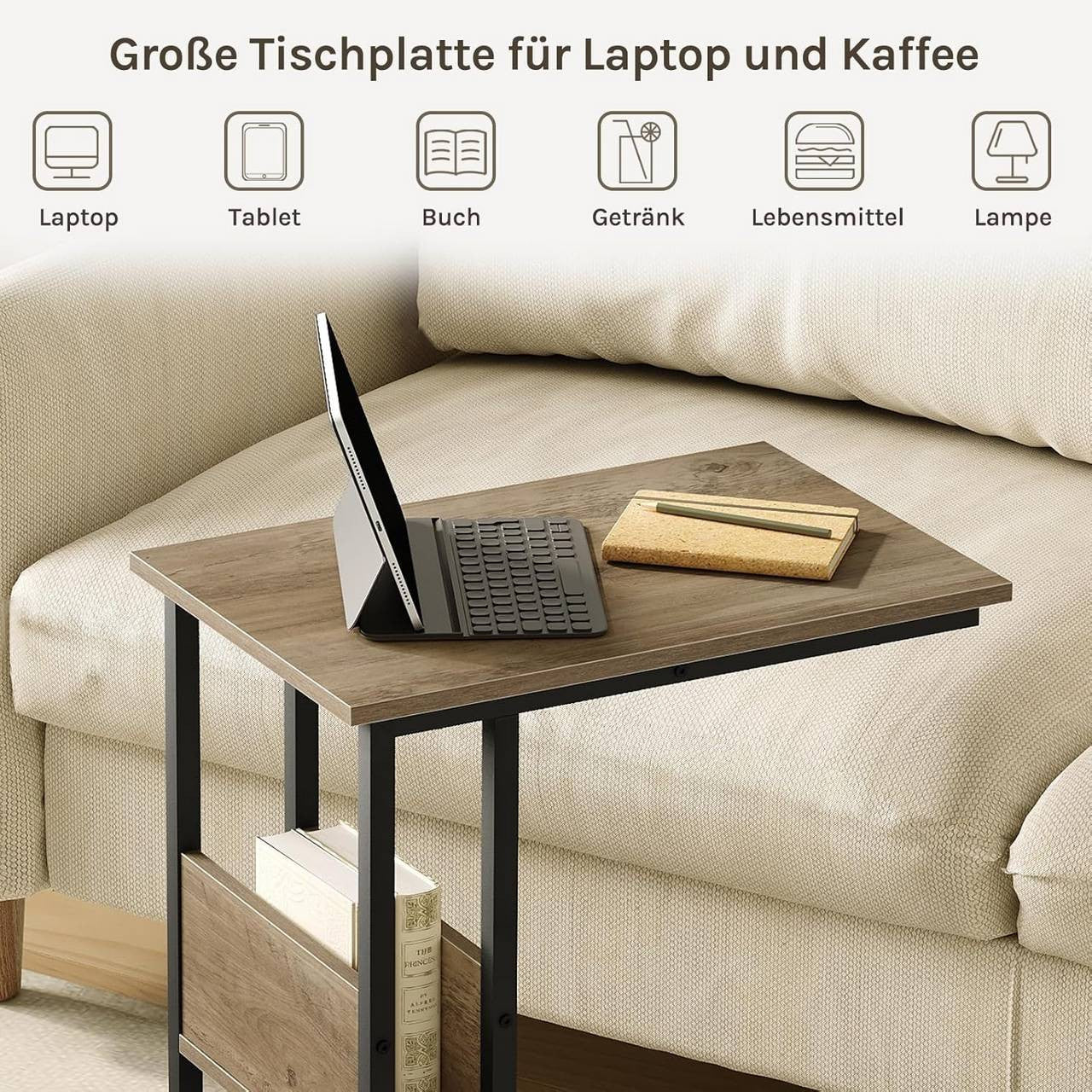 24goodz Side Table - Sturdy and Stylish - E1-Class Wood and Metal - For Living Room or Bedroom - Light Oak Finish - 55x36x59.5cm