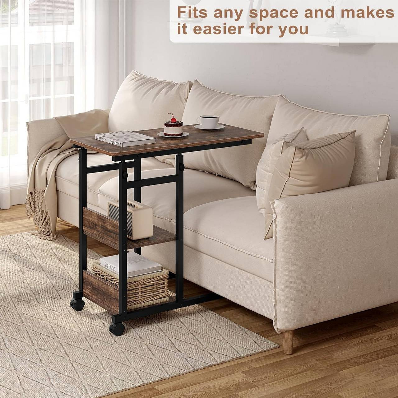 24goodz Adjustable Side Table - Versatile and Space-Saving - Wood and Metal - For Living Rooms and Home Offices - Vintage Wood Look + Black