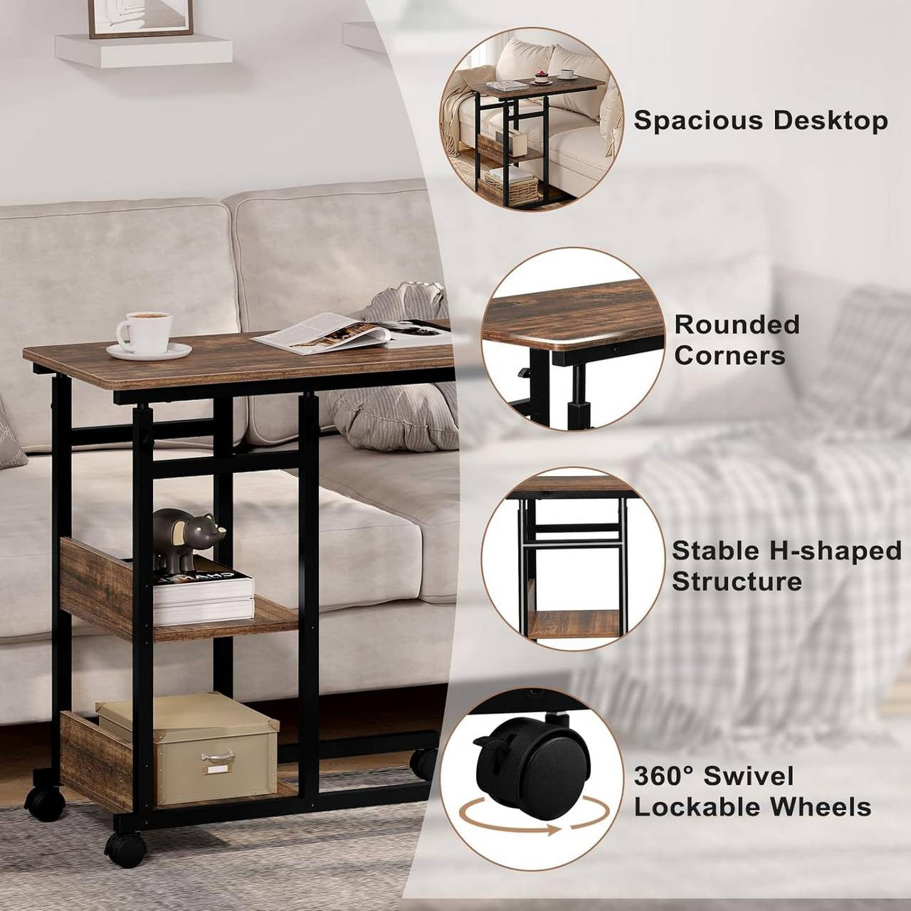 24goodz Adjustable Side Table - Versatile and Space-Saving - Wood and Metal - For Living Rooms and Home Offices - Vintage Wood Look + Black