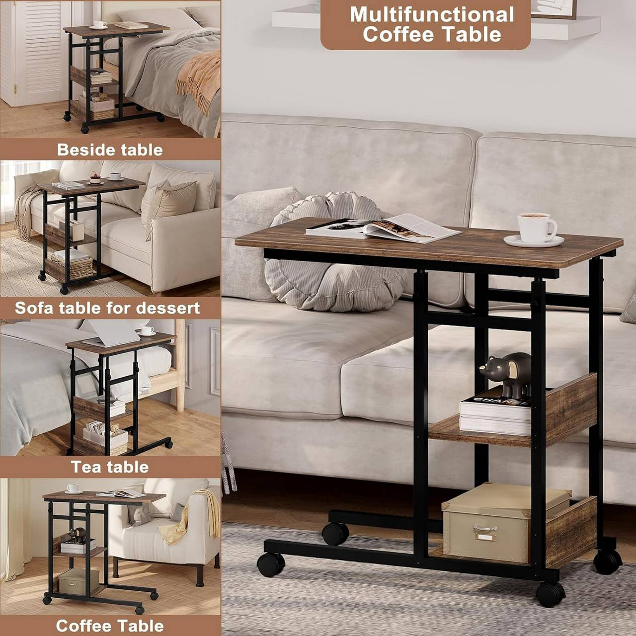 24goodz Adjustable Side Table - Versatile and Space-Saving - Wood and Metal - For Living Rooms and Home Offices - Vintage Wood Look + Black