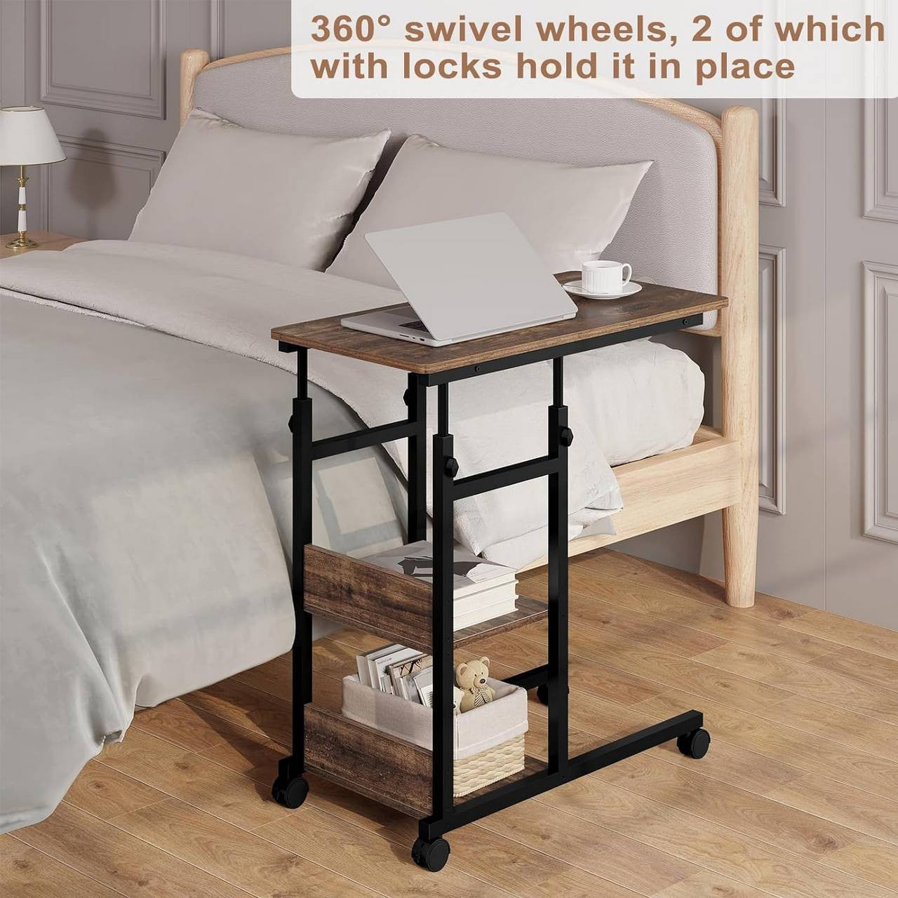 24goodz Adjustable Side Table - Versatile and Space-Saving - Wood and Metal - For Living Rooms and Home Offices - Vintage Wood Look + Black
