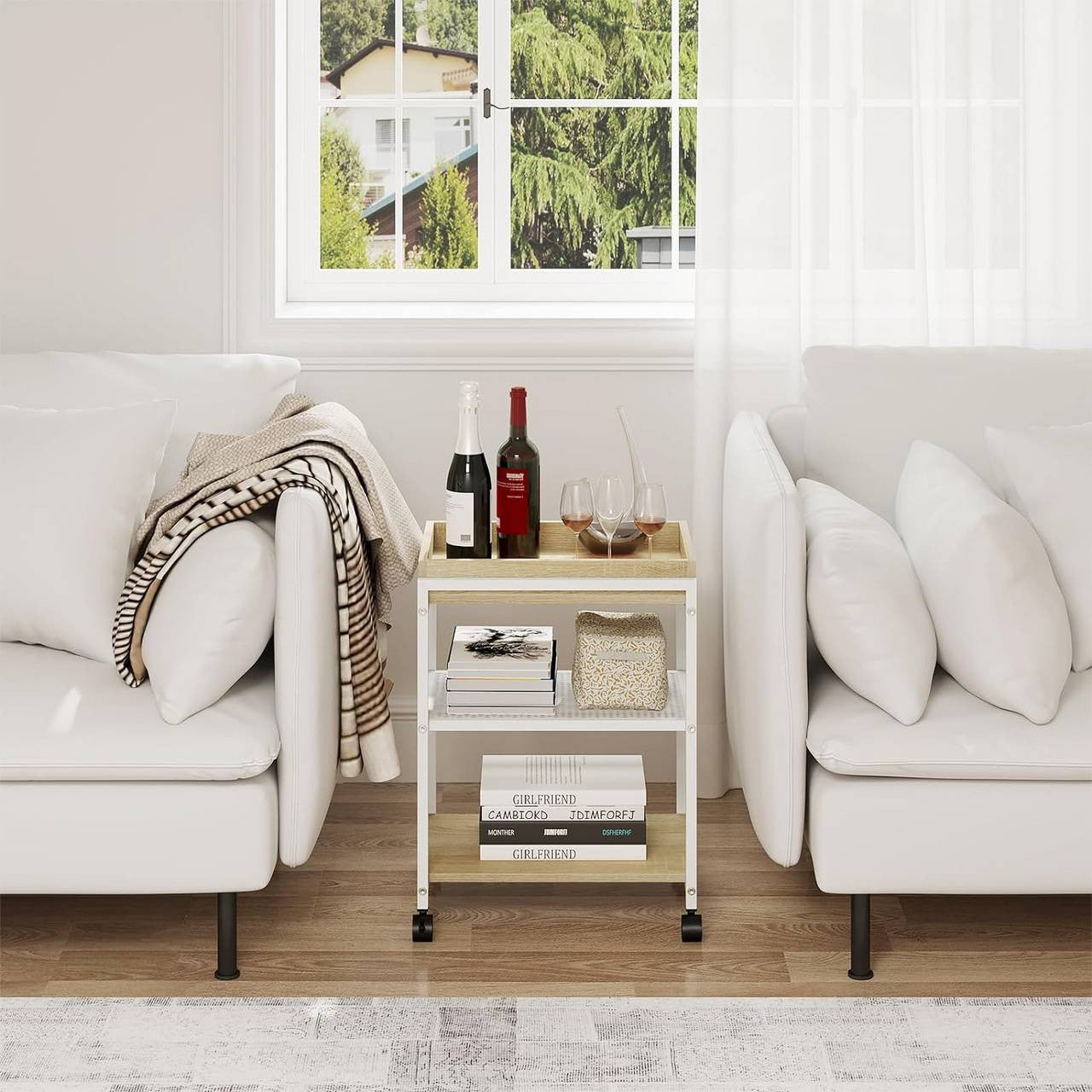 24goodz Rolling Side Table - Convenient Mobility - Strong and Durable - Wood and Metal - Light Oak + White