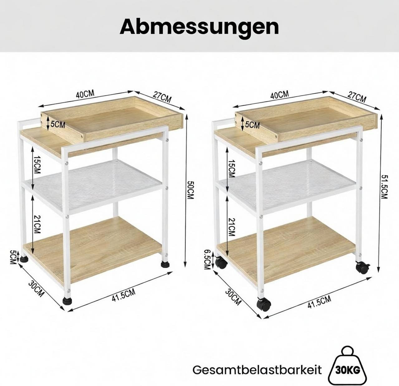24goodz Rolling Side Table - Convenient Mobility - Strong and Durable - Wood and Metal - Light Oak + White