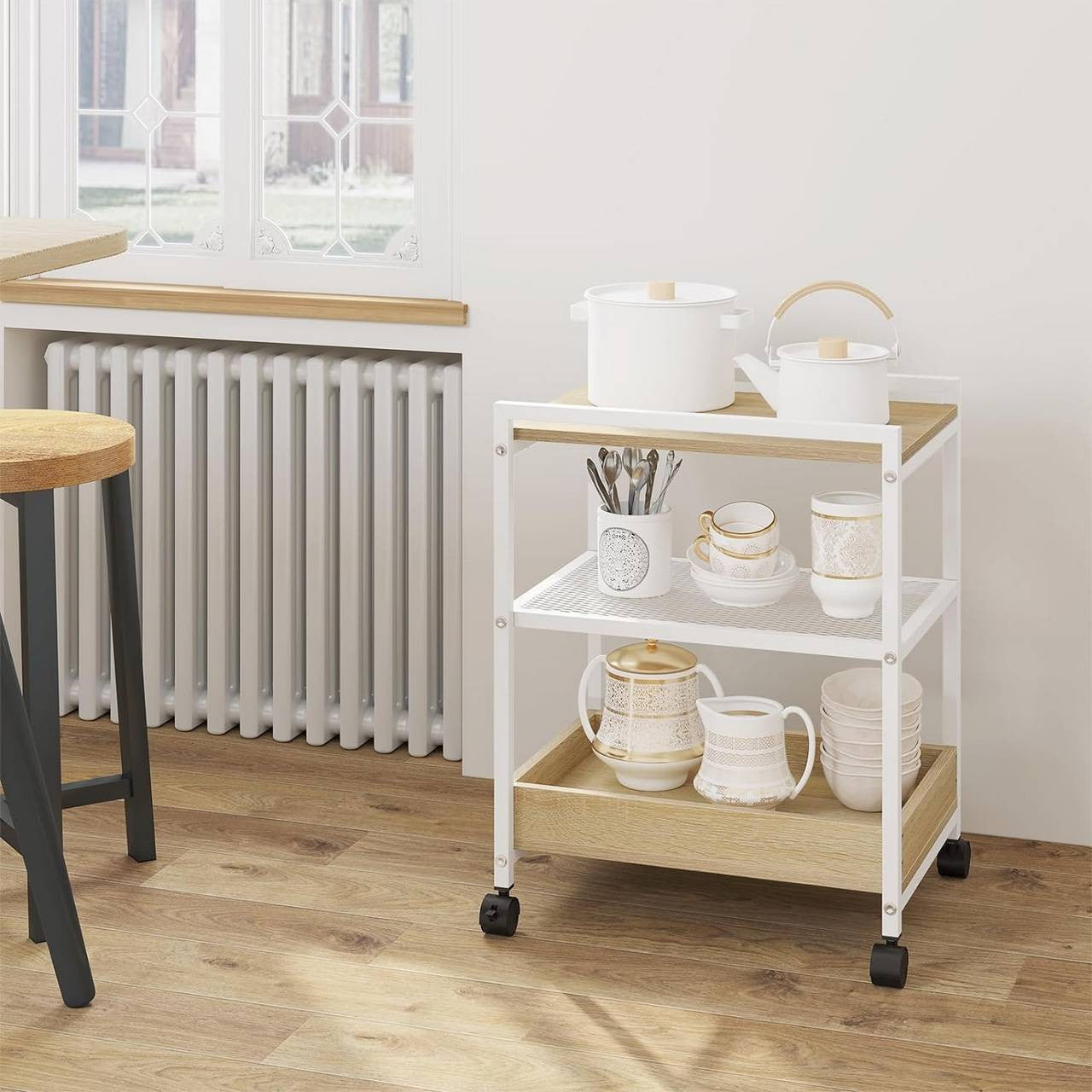 24goodz Rolling Side Table - Convenient Mobility - Strong and Durable - Wood and Metal - Light Oak + White