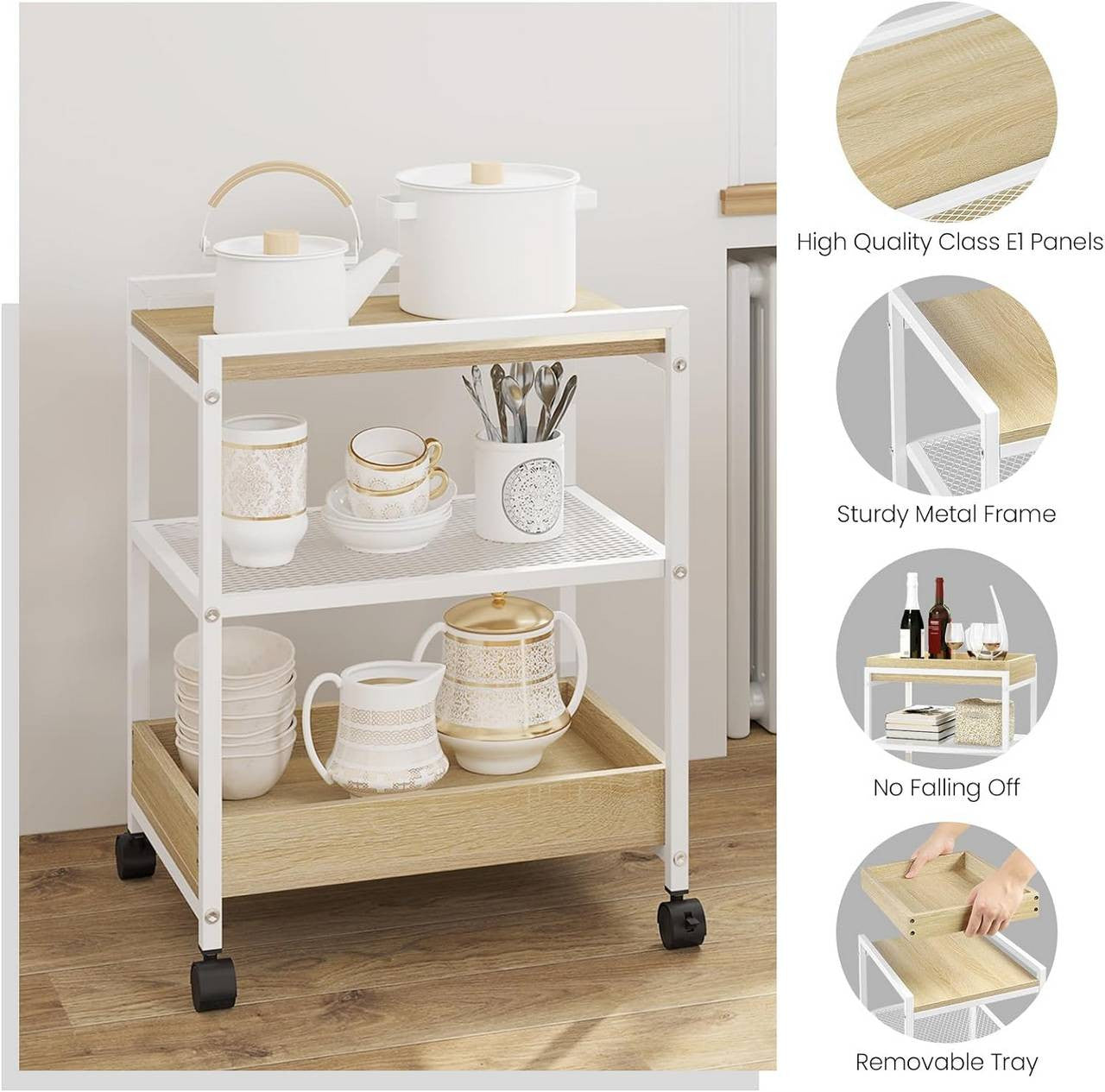 24goodz Rolling Side Table - Convenient Mobility - Strong and Durable - Wood and Metal - Light Oak + White