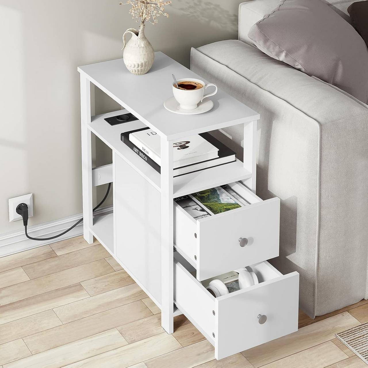 24goodz Side Table with Charging Station - Versatile Storage Options - E1-Class Wood - For Small Spaces - White/Black