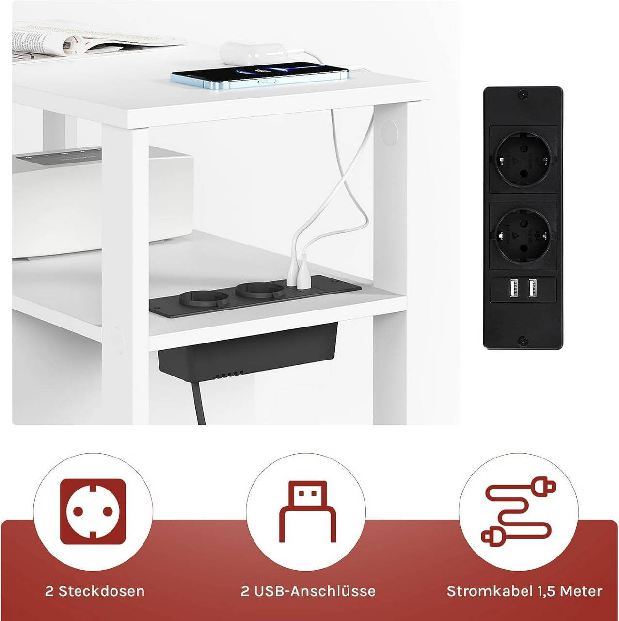 24goodz Side Table with Charging Station - Versatile Storage Options - E1-Class Wood - For Small Spaces - White/Black