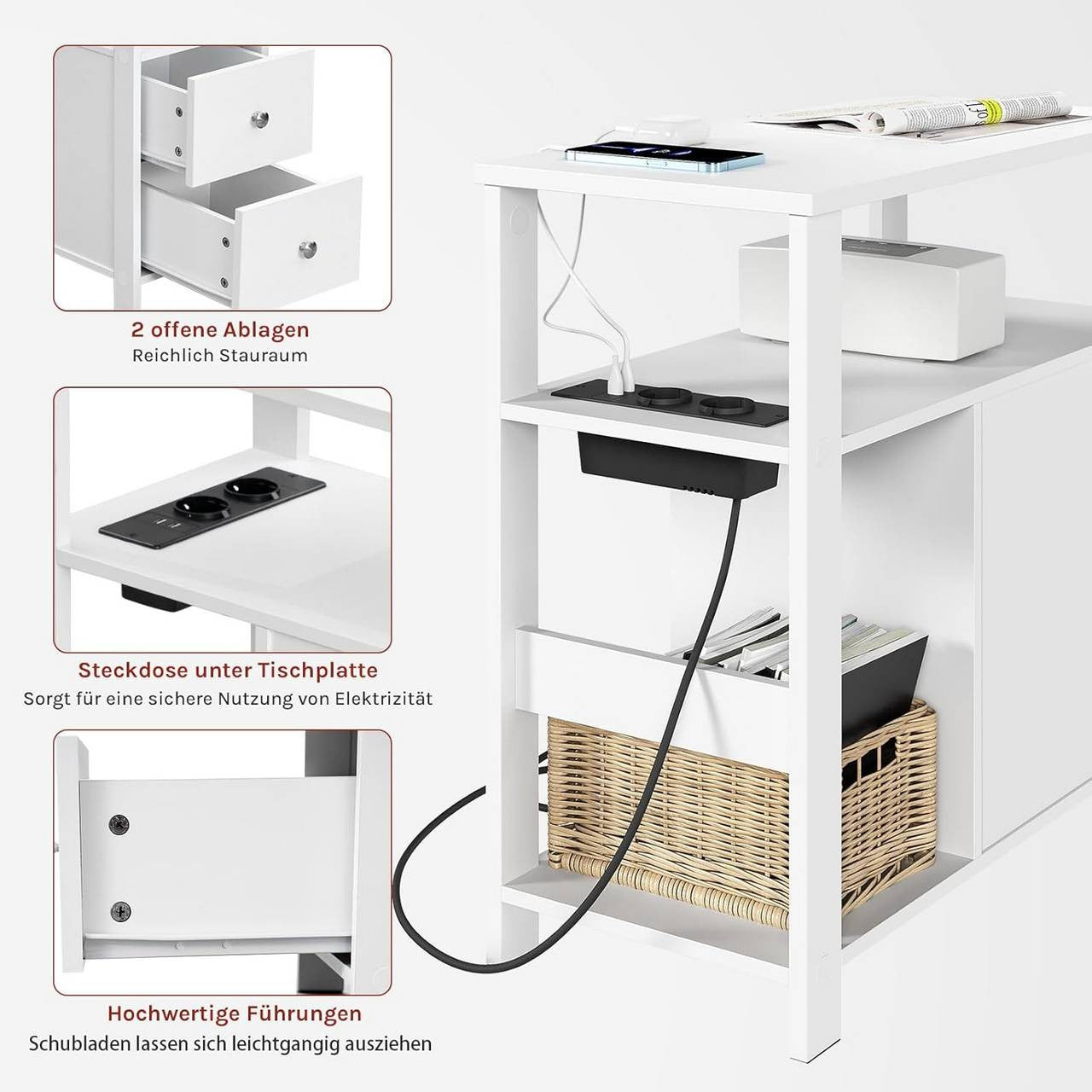 24goodz Side Table with Charging Station - Versatile Storage Options - E1-Class Wood - For Small Spaces - White/Black