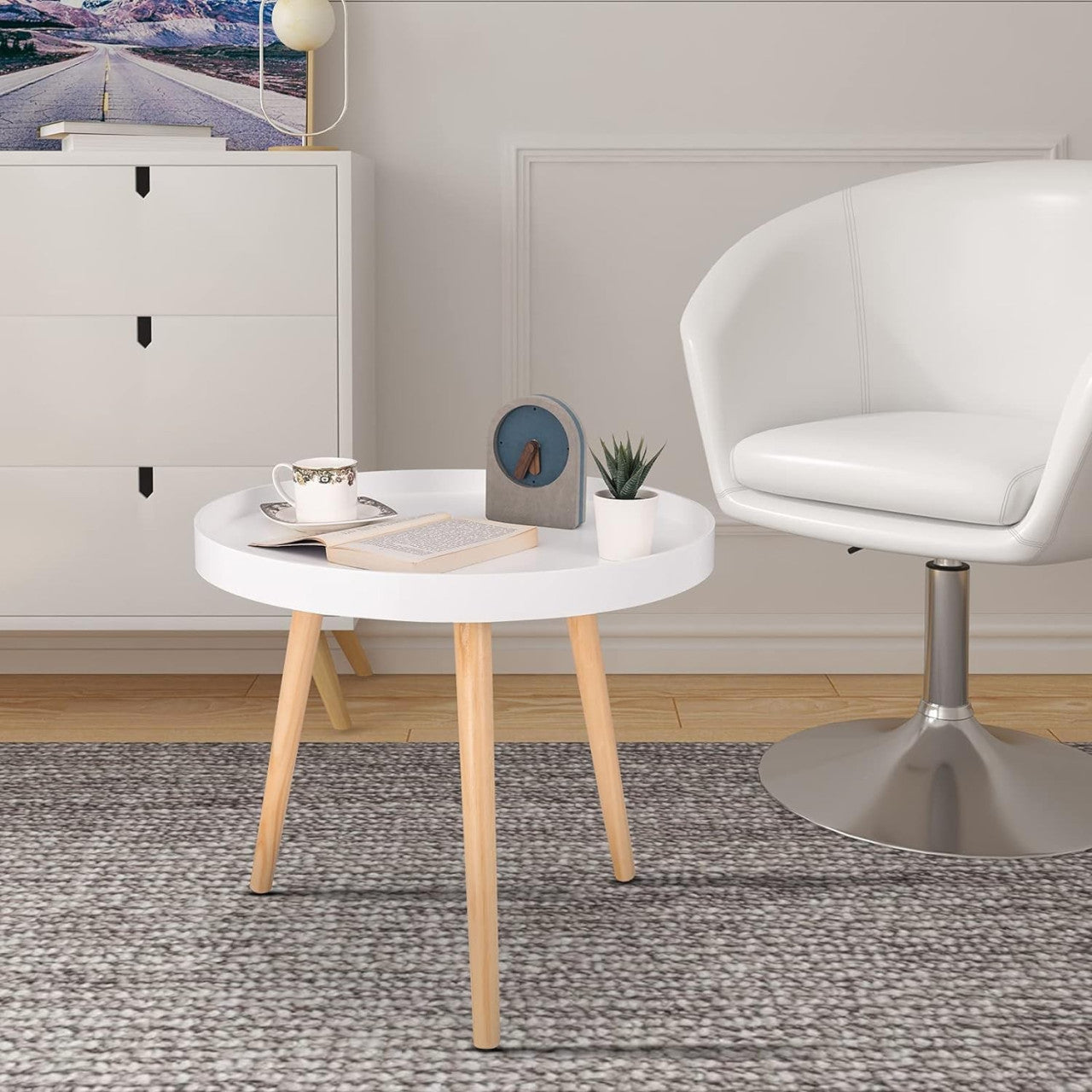24goodz Round Side Table - Stylish and Practical Design - E1 MDF and Pine Wood - For Living Room and Bedroom - White 50x44cm - ws