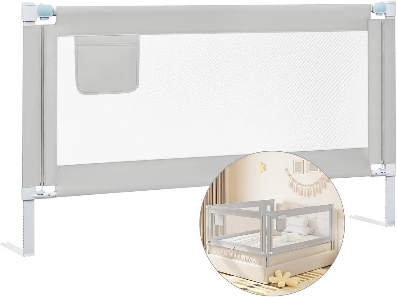 24goodz Bed Rail for Children - Stable & Safe - Adjustable Height - 300D Oxford Fabric - Light Grey - 150 cm