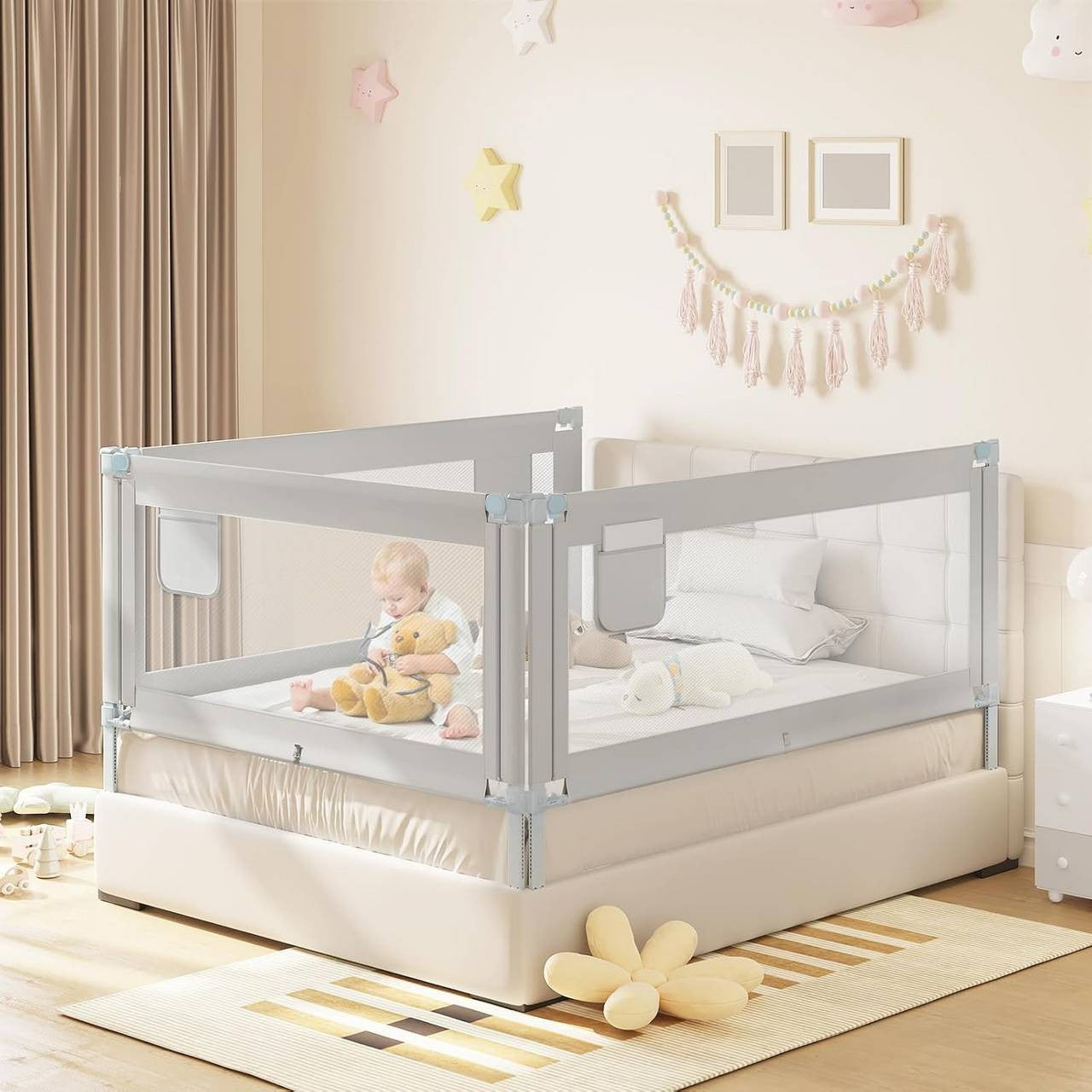 24goodz Bed Rail for Children - Stable & Safe - Adjustable Height - 300D Oxford Fabric - Light Grey - 150 cm
