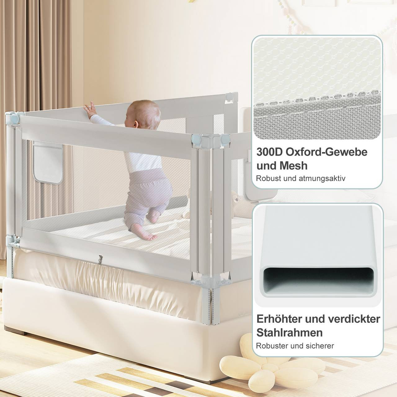 24goodz Bed Rail for Children - Stable & Safe - Adjustable Height - 300D Oxford Fabric - Light Grey - 150 cm