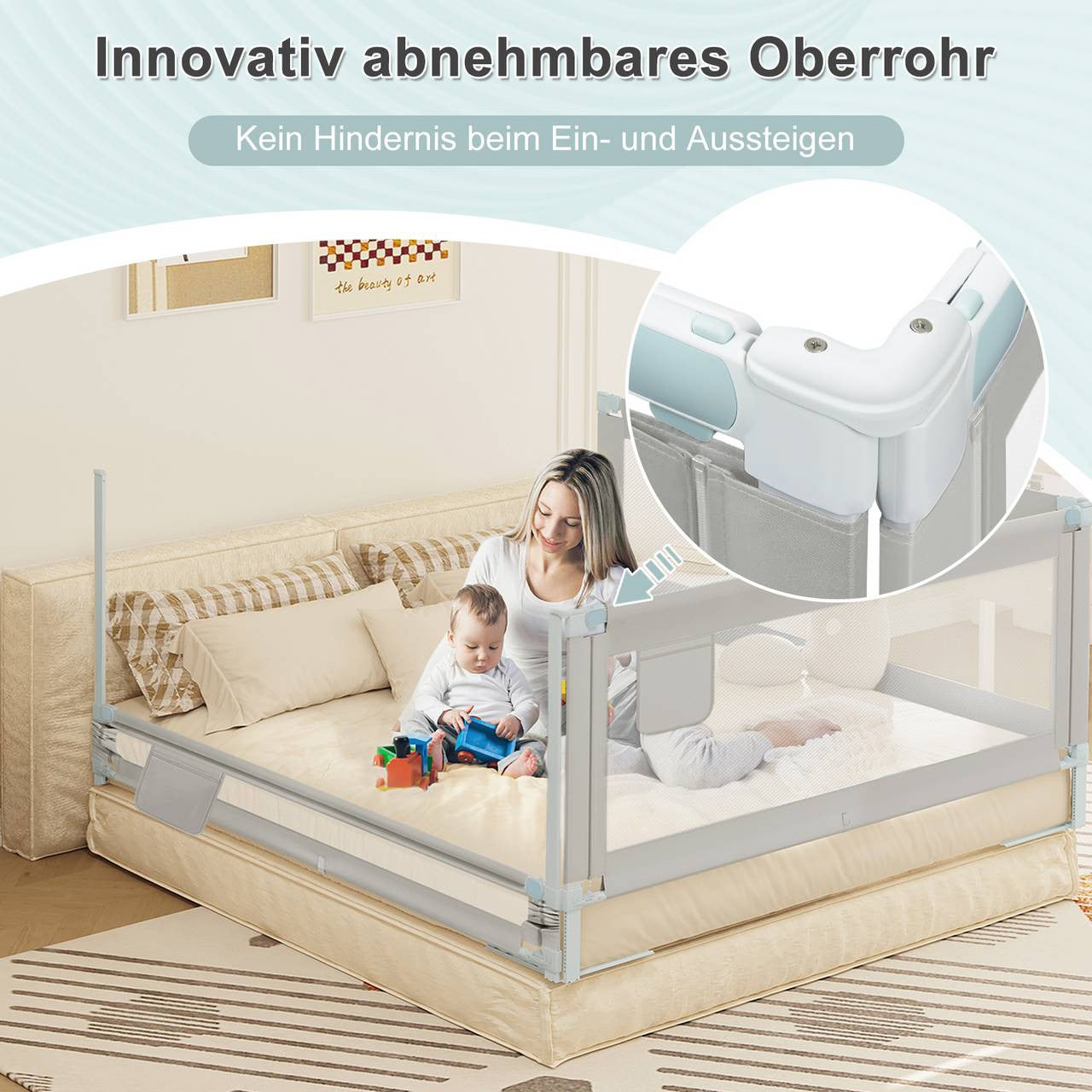 24goodz Bed Rail for Children - Stable & Safe - Adjustable Height - 300D Oxford Fabric - Light Grey - 150 cm