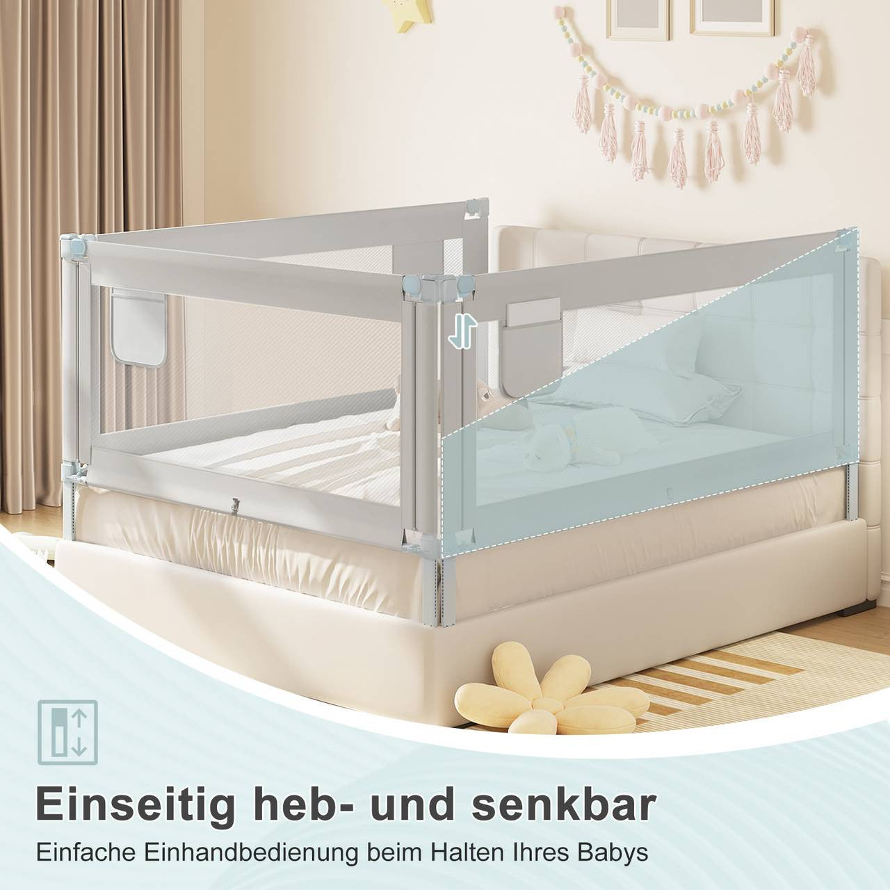 24goodz Bed Rail for Children - Stable & Safe - Adjustable Height - 300D Oxford Fabric - Light Grey - 150 cm