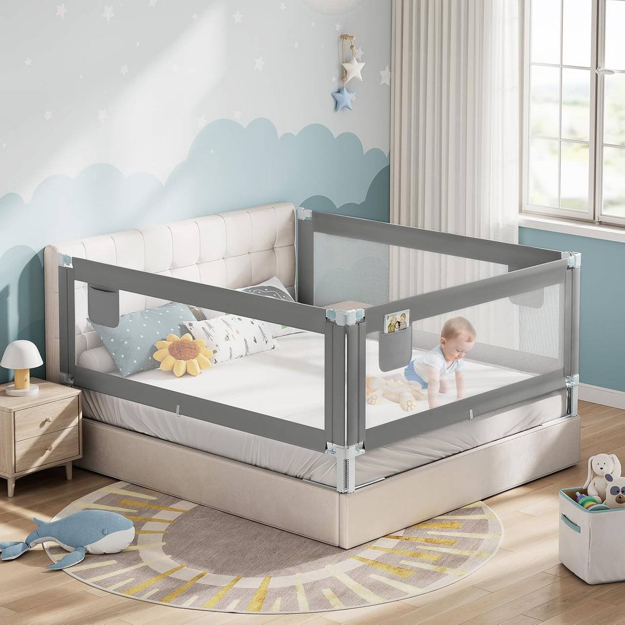 24goodz Safety Bed Rail for Kids - Stable & Safe Design - Adjustable Height - 300D Oxford Fabric - Dark Grey - 150 cm