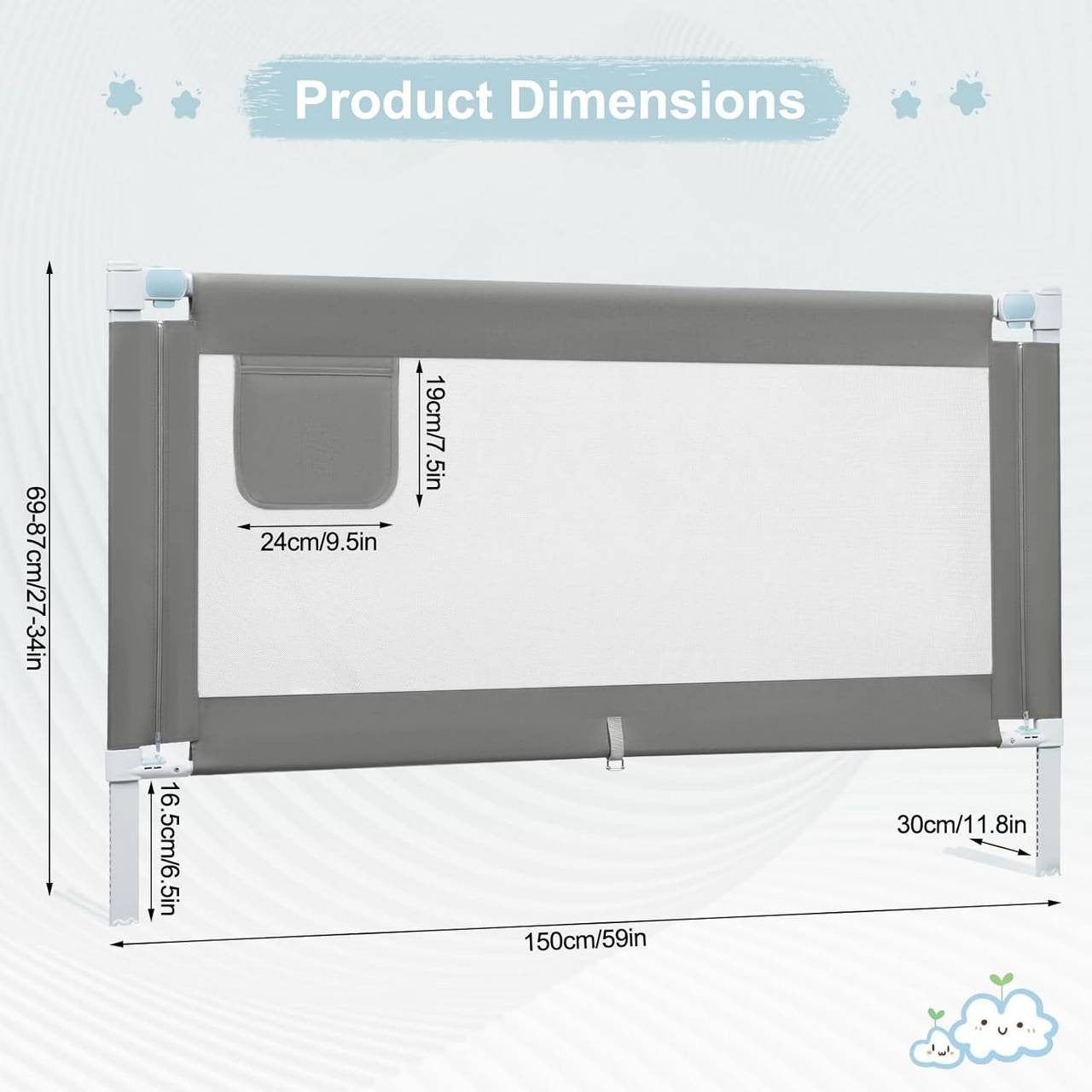 24goodz Safety Bed Rail for Kids - Stable & Safe Design - Adjustable Height - 300D Oxford Fabric - Dark Grey - 150 cm