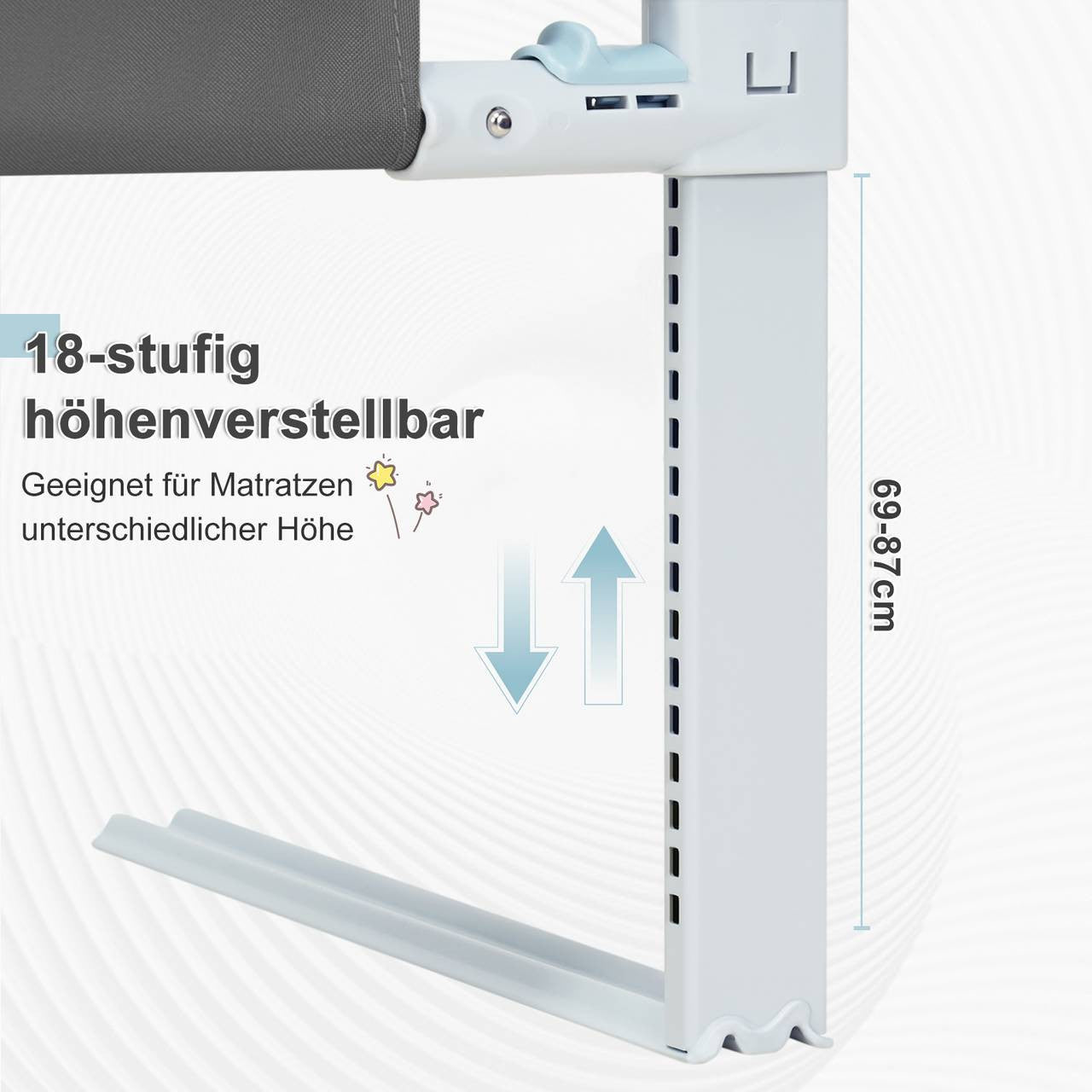 24goodz Safety Bed Rail for Kids - Stable & Safe Design - Adjustable Height - 300D Oxford Fabric - Dark Grey - 150 cm