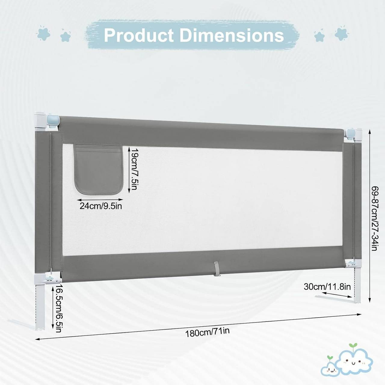 24goodz Baby Bed Guard - Stable & Safe Design - Adjustable Height - 300D Oxford Fabric - For Children - Dark Grey