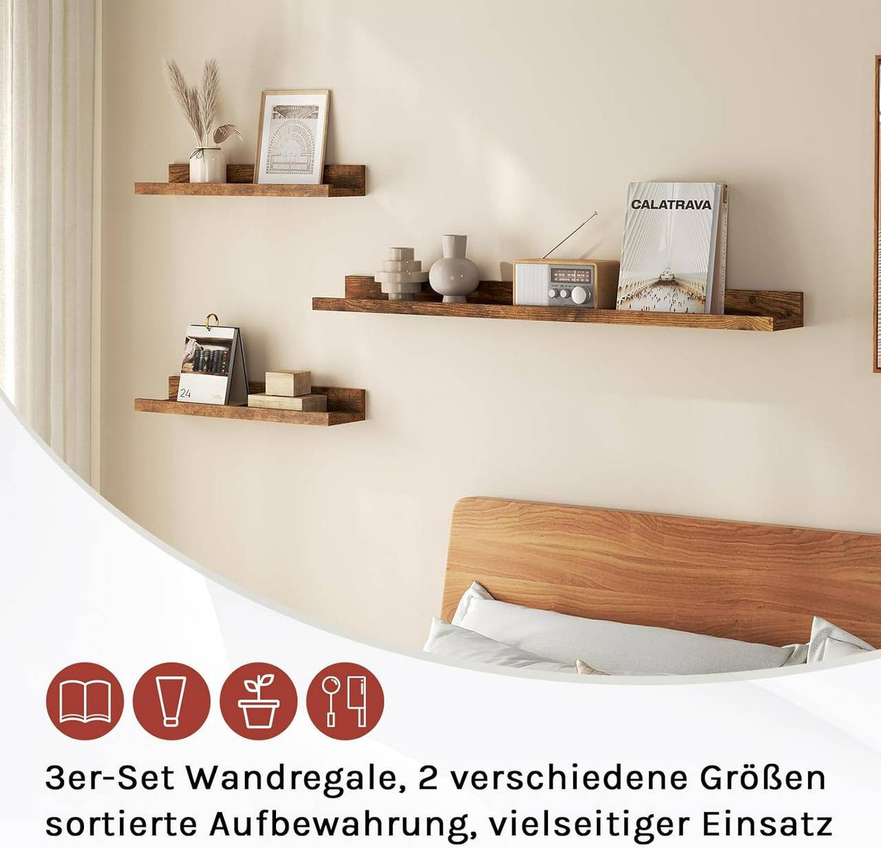 24goodz Floating Shelf Set of 3 - Stylish Storage Solution - Durable MDF - For Home Decor - Rustic Brown