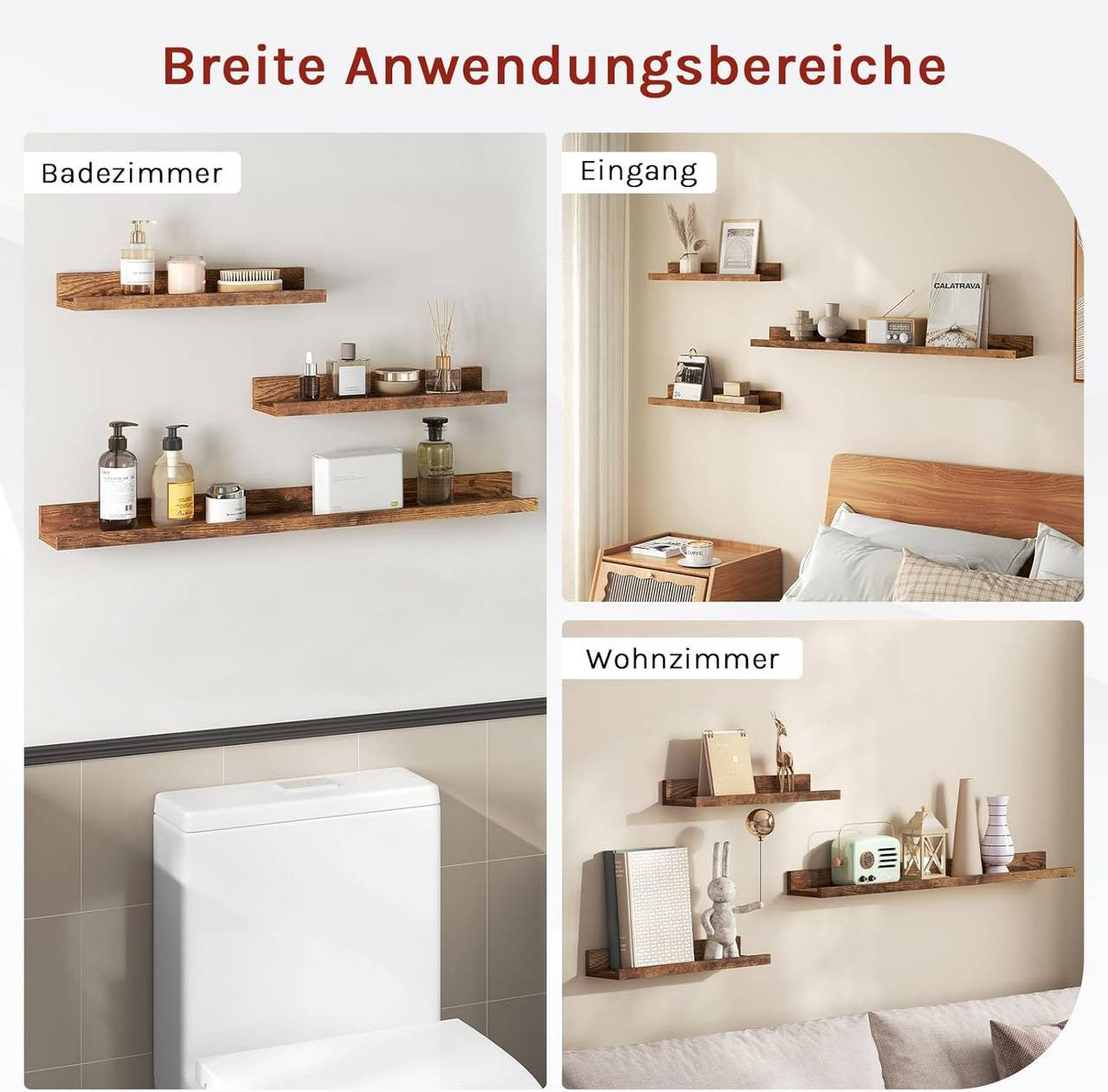 24goodz Floating Shelf Set of 3 - Stylish Storage Solution - Durable MDF - For Home Decor - Rustic Brown