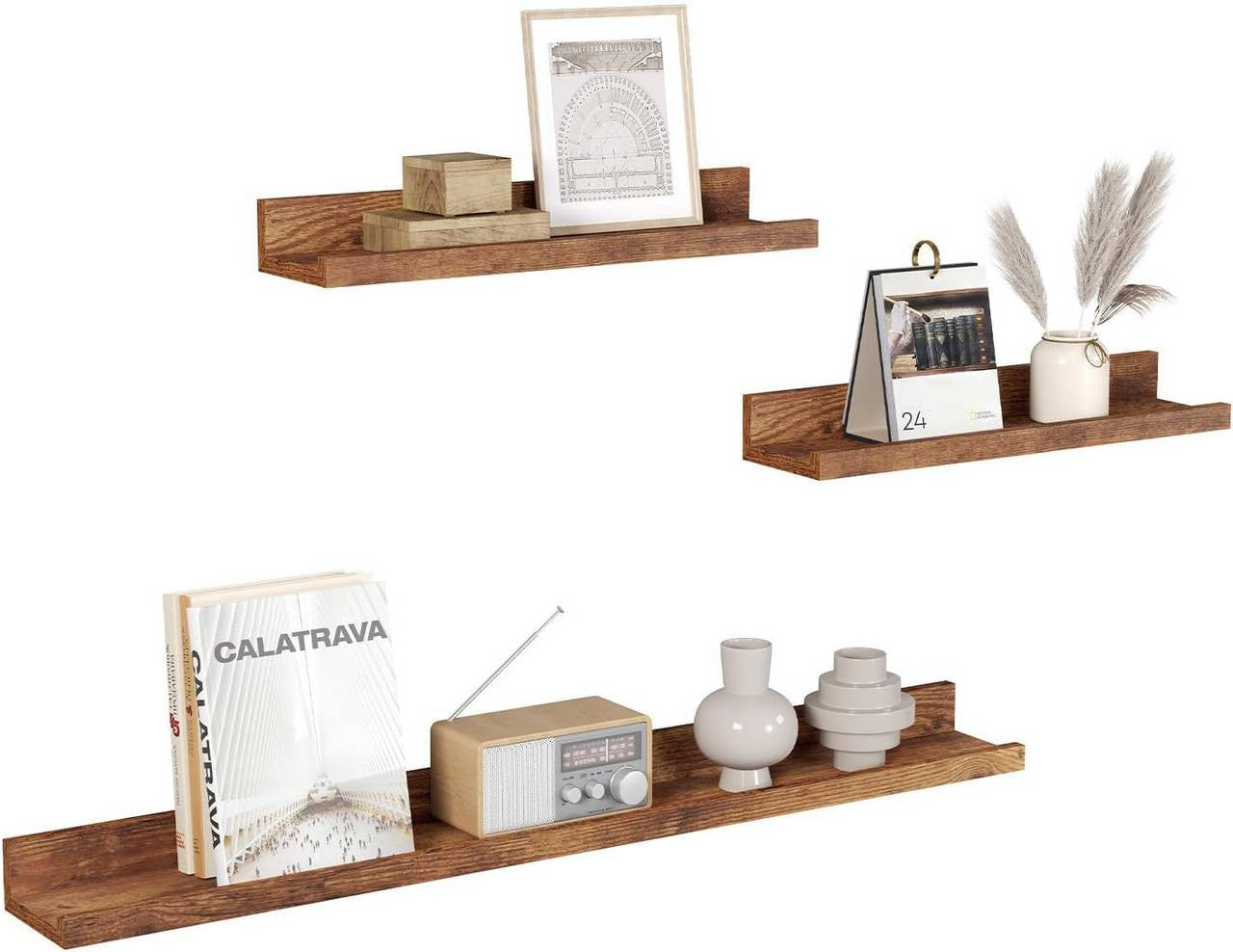 24goodz Floating Shelf Set of 3 - Stylish Storage Solution - Durable MDF - For Home Decor - Rustic Brown
