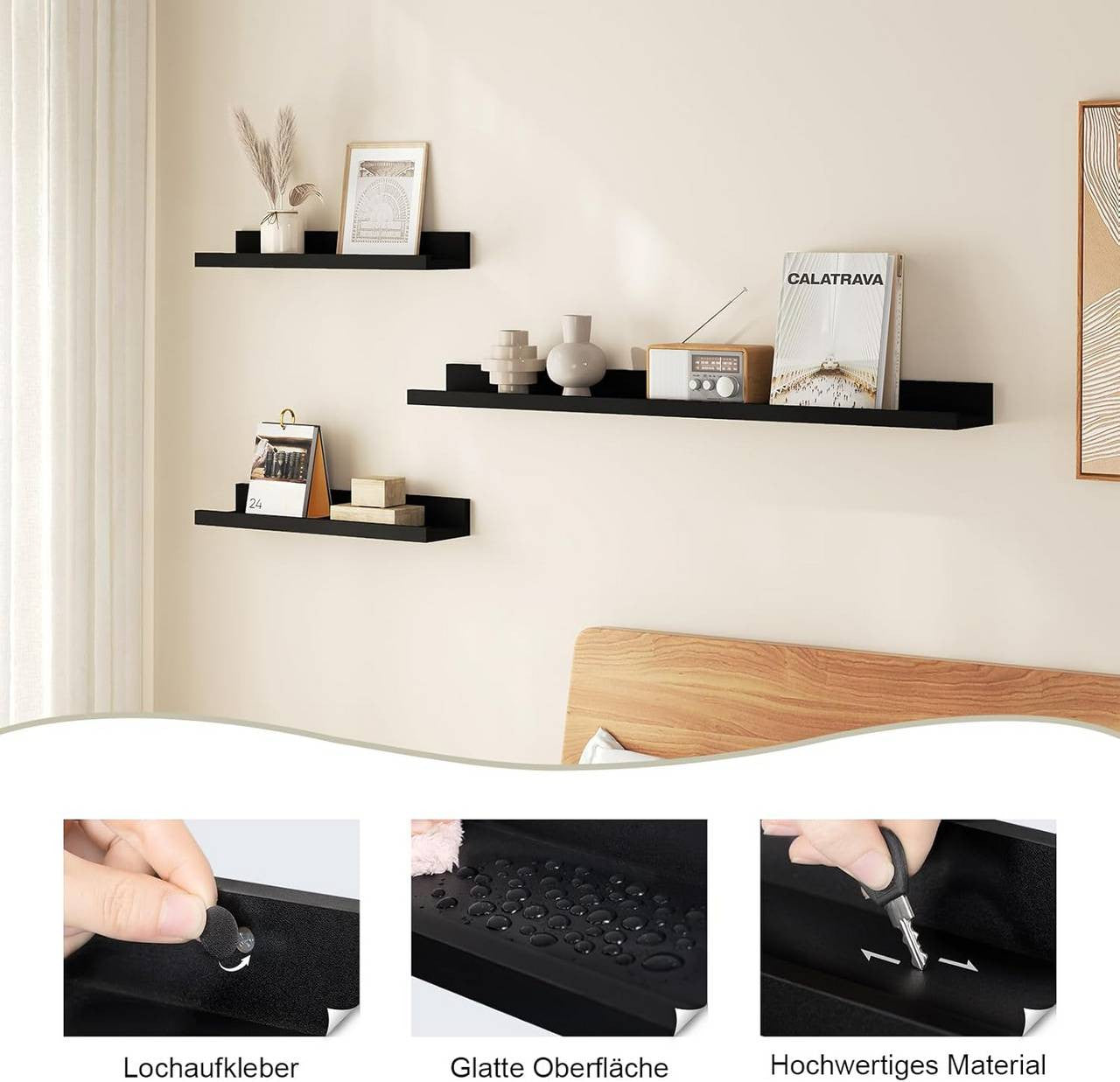 24goodz Floating Shelf Set of 3 - Stylish Storage Solution - Durable MDF - For Home Decor - Black
