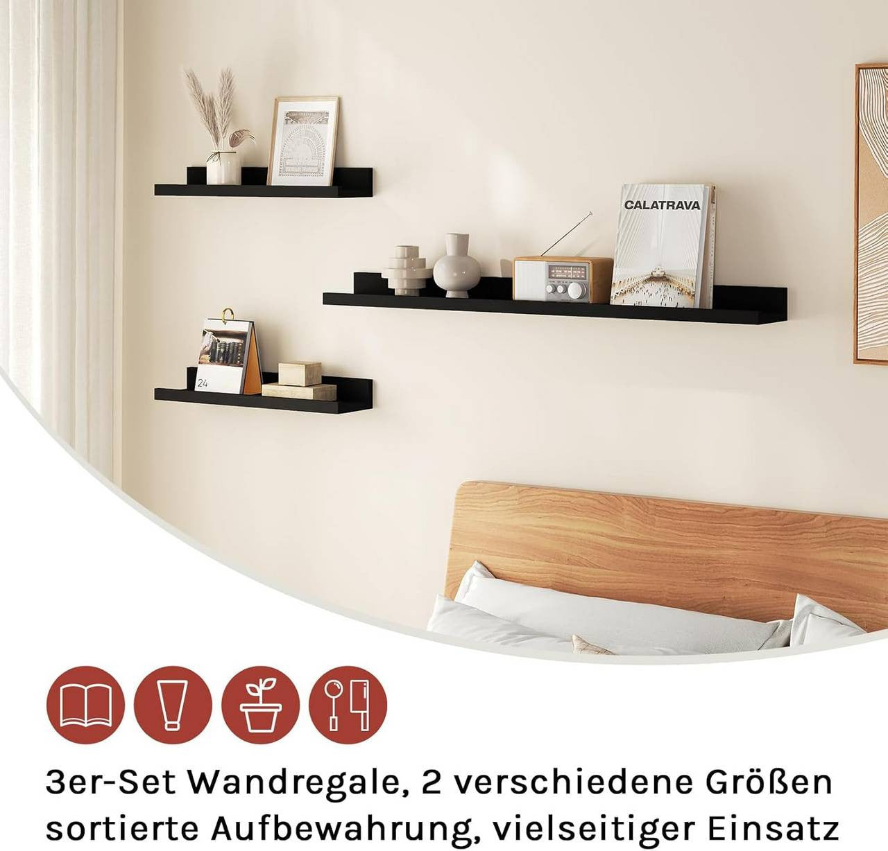 24goodz Floating Shelf Set of 3 - Stylish Storage Solution - Durable MDF - For Home Decor - Black