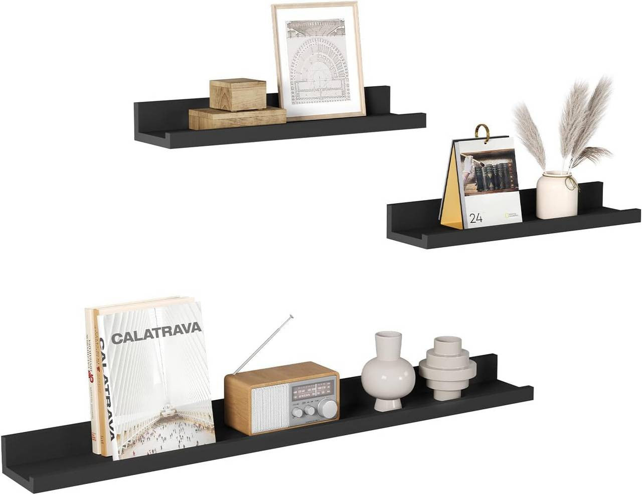 24goodz Floating Shelf Set of 3 - Stylish Storage Solution - Durable MDF - For Home Decor - Black