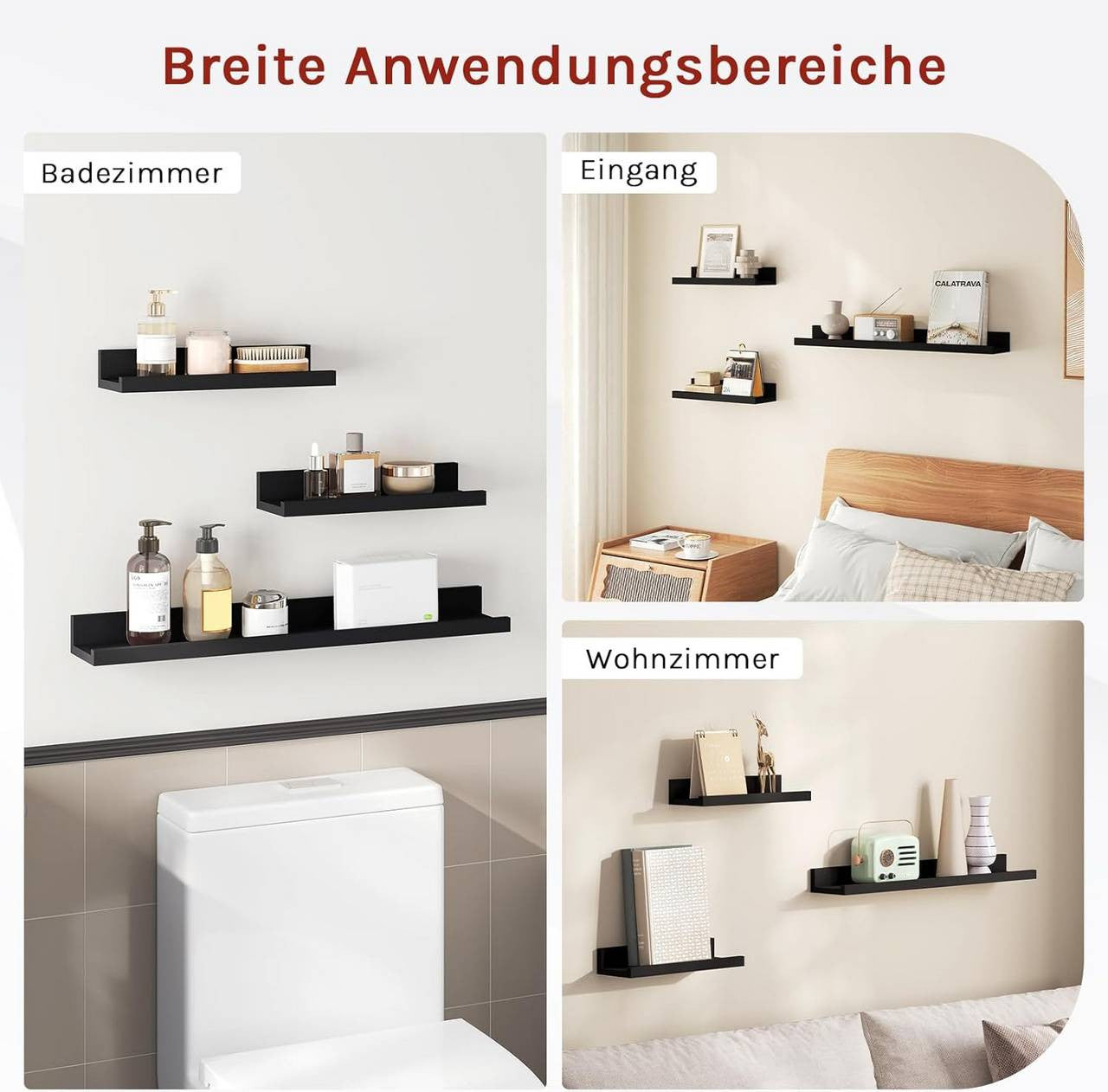 24goodz Floating Shelf Set of 3 - Stylish Storage Solution - Durable MDF - For Home Decor - Black