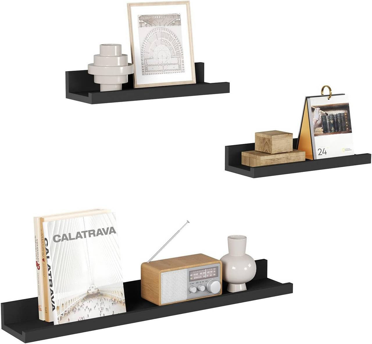 24goodz Floating Shelf Set of 3 - Stylish Storage Solution - Durable MDF - For Home Decor - Black