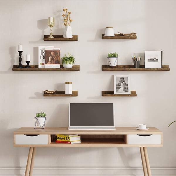 24goodz Floating Shelf Set of 6 - Space-Saving Design - Easy to Install - MDF - For Home Decor - White and Vintage Brown