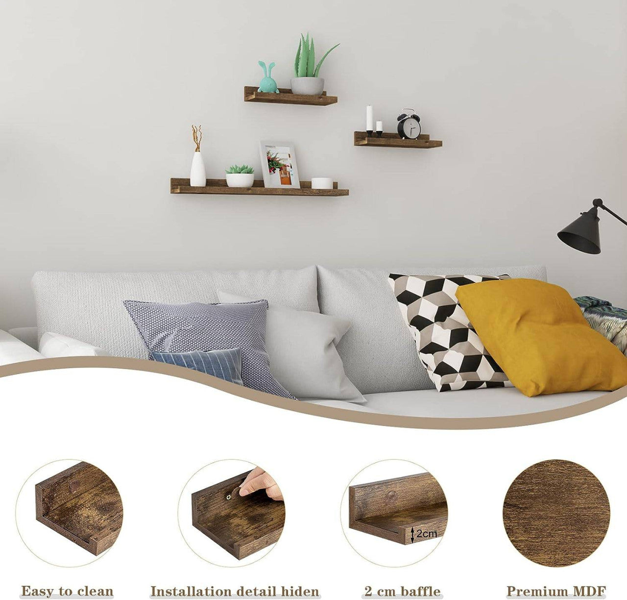 24goodz Floating Shelf Set of 6 - Space-Saving Design - Easy to Install - MDF - For Home Decor - White and Vintage Brown